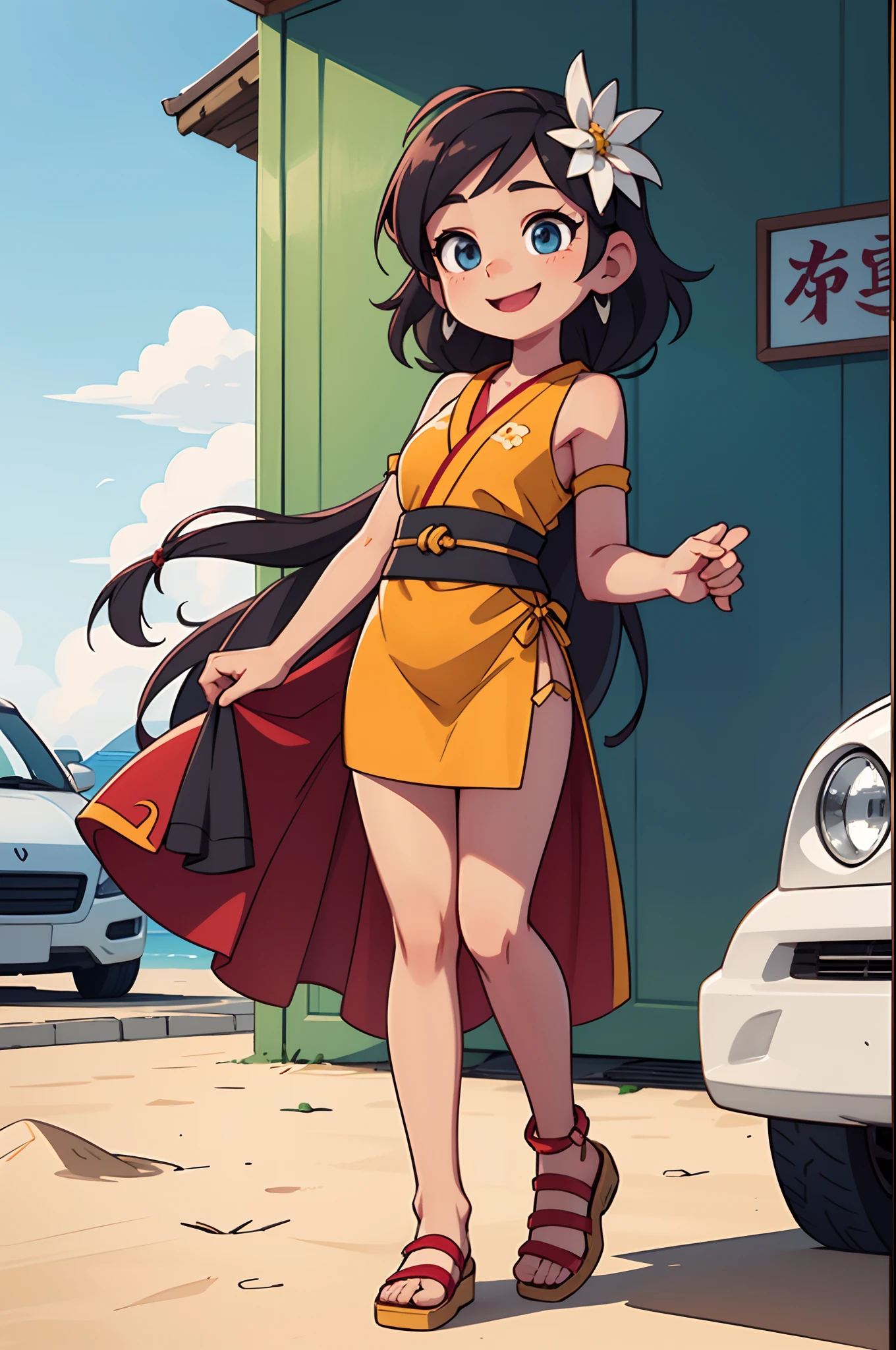 Octane Render、(Hyper-detailing: 1.15)、(Soft light、sharp: 1.2)、morning、Little girl posing in front of colorful EV in parking lot near beach, Traditional costumes、Distinctive ethnic hair ornaments、Characteristic ethnic shoes、 Fuji Film, F/4.0, masutepiece, Anatomically correct、A smile, radiant light