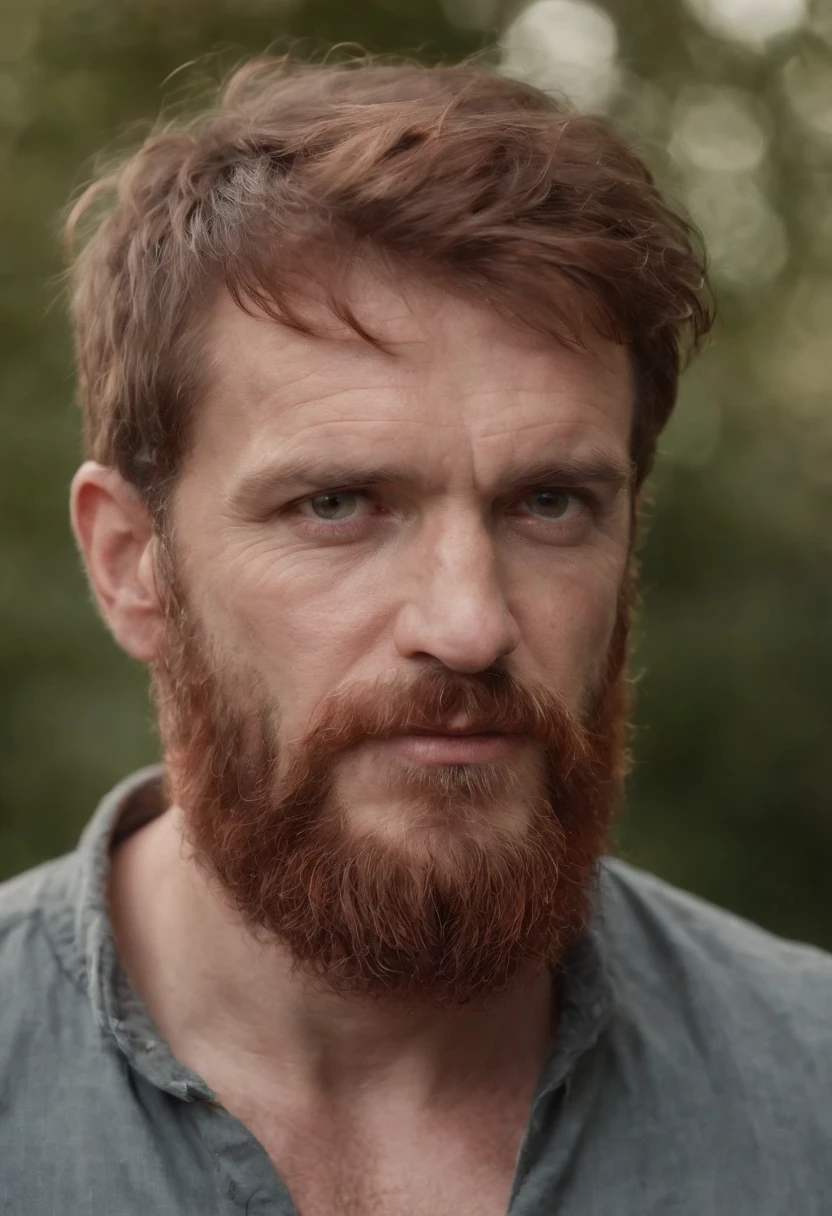 A middle aged, stern Germanic-Irish man with a round body, rugged looks with dark red hair. Hulking but with friendly eyes. Scruffy beard and mid length hair.
