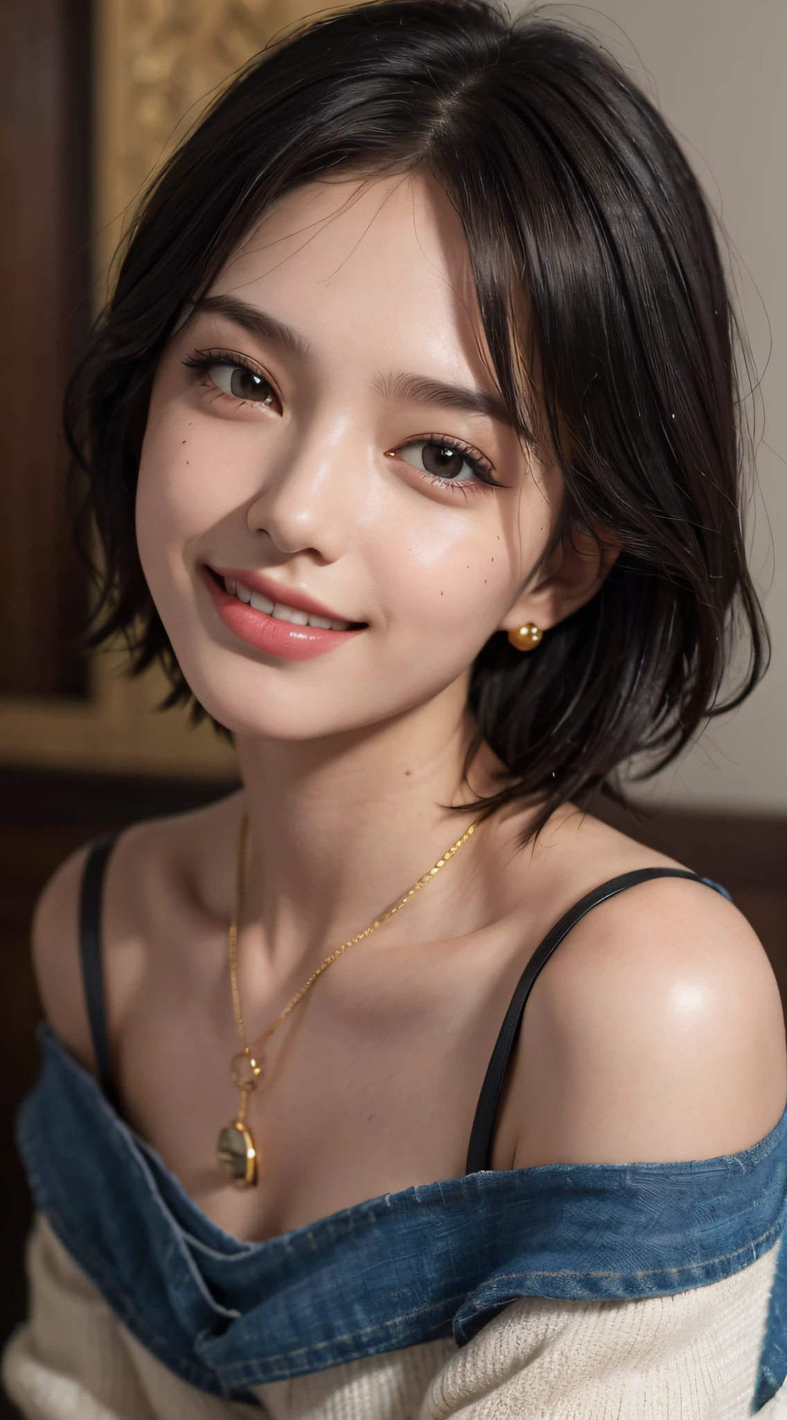 (top quality, 8K, masterpiece: 1.3), pretty girl with perfect body: 1.4, dark brown hair, big, wear a pendant, torn shorts, sleeping in bedroom, Highly detailed face and skin, detailed eyes, double eyelid, top quality, masterpiece, (realistic: 1.4), a woman, golden ratio, high angle shot, upper eye care, low angle shot, perfect face, Beautiful appearance, Cute face, face close up, face enlargement, short bob, Short hair, laugh from different angles, laugh, Polish, highlight, Polish, Polishy on skin, Polishy on skin, wet skin, wet, forehead, cute laugh, bust, off shoulder, Refreshing charm, elegant, perfect hands, laugh from angle, laugh, shining, highlight, Polishy skin, forehead, bust, big, Warm off shoulder, Refreshing charm, stick out one&#39;s ears, Looking at the camera, pose at various angles