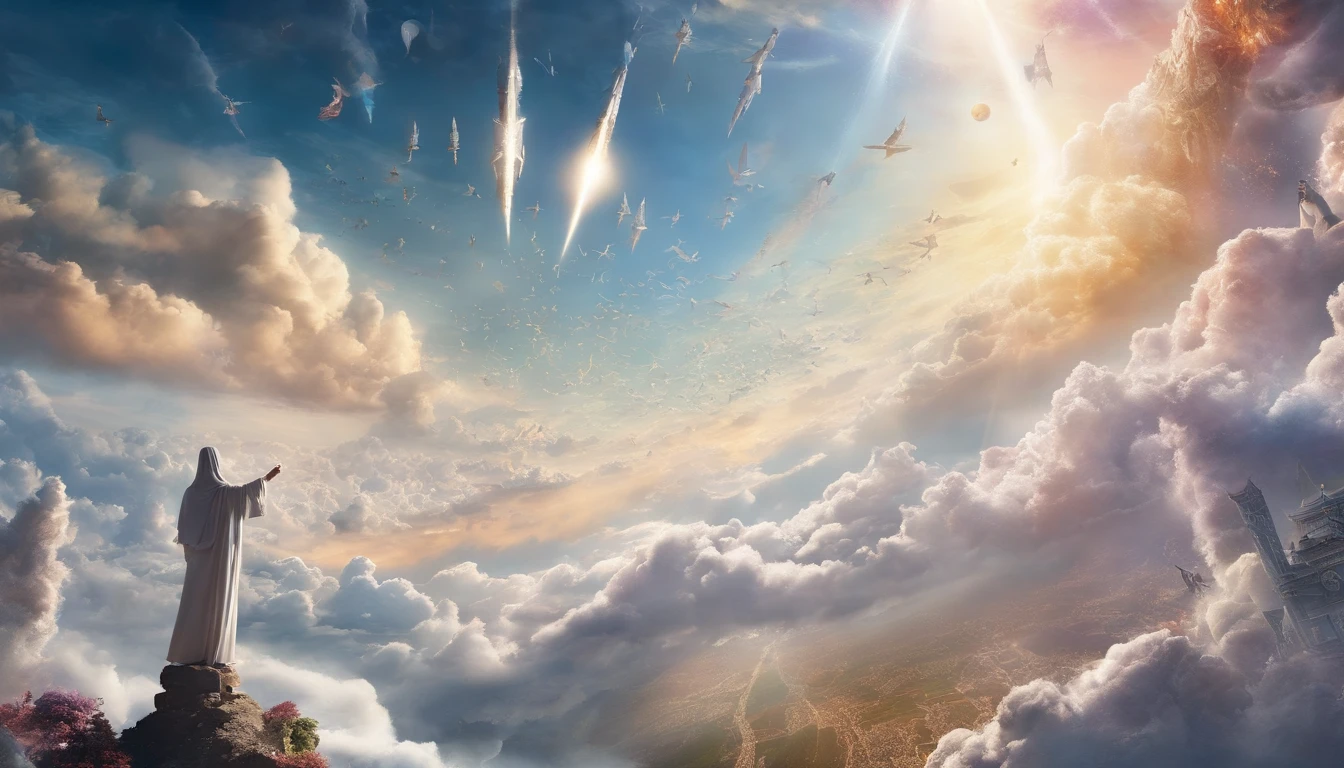 The Rapture ,Thousands of people are floating in the air,Standing on the clouds, Thousands of people are dressed in white, Raise your hands and sing hymns to praise God. The scenes are magnificent and surreal. (Best Quality, 4k, 8K, high resolucion, Masterpiece:1.2), Ultra-detailed, (realisitic, Photorealistic, Realistis:1.37), portrait of a, Vivid colors, studio lit, Sharp focus, physics based rendering, extreme detail description, Biblical Topics, grand ambience, radiant light.