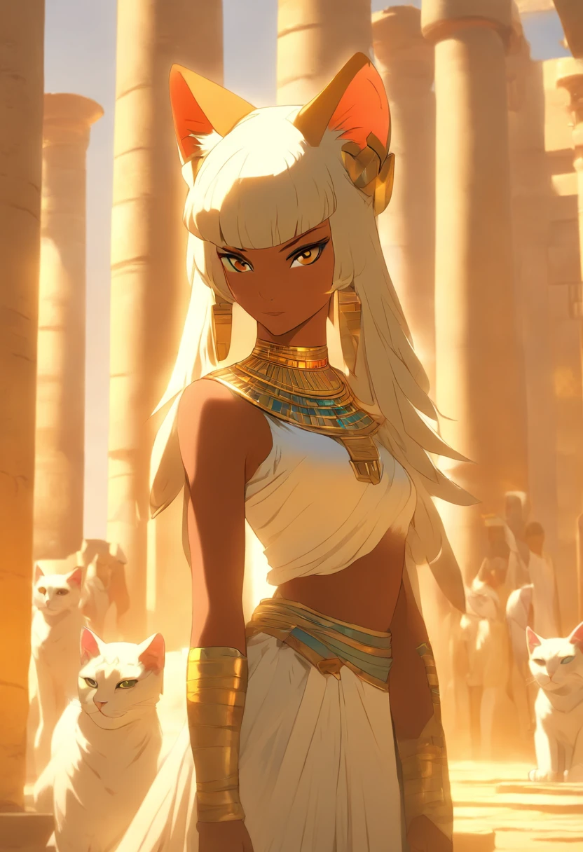 (((Woman's body and feline head))) best quality, very high resolution, 4K detailed CG, masterpiece, Egyptian mythology, Bastet, sun in the background, Ancient Egypt, standing pose, black cat head, white clothes, Egyptian clothes, Egyptian temple, desert, Ancient Egypt, ((feline head, woman body)), Egyptian palace, aesthetics, beautiful image, centered on screen, standing pose