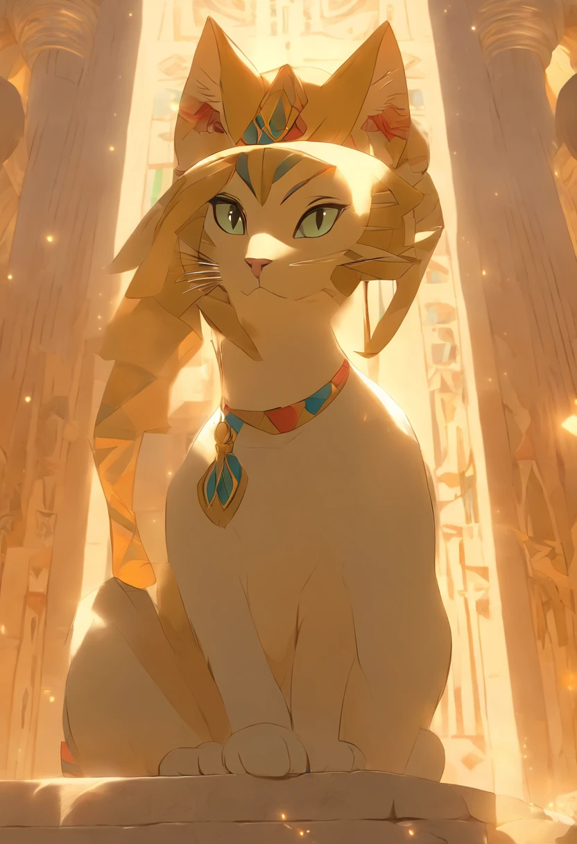 (((Woman's body and feline head))) best quality, very high resolution, 4K detailed CG, masterpiece, Egyptian mythology, Bastet, sun in the background, Ancient Egypt, standing pose, black cat head, white clothes, Egyptian clothes, Egyptian temple, desert, Ancient Egypt, ((feline head, woman body)), Egyptian palace, aesthetics, beautiful image, centered on screen, standing pose