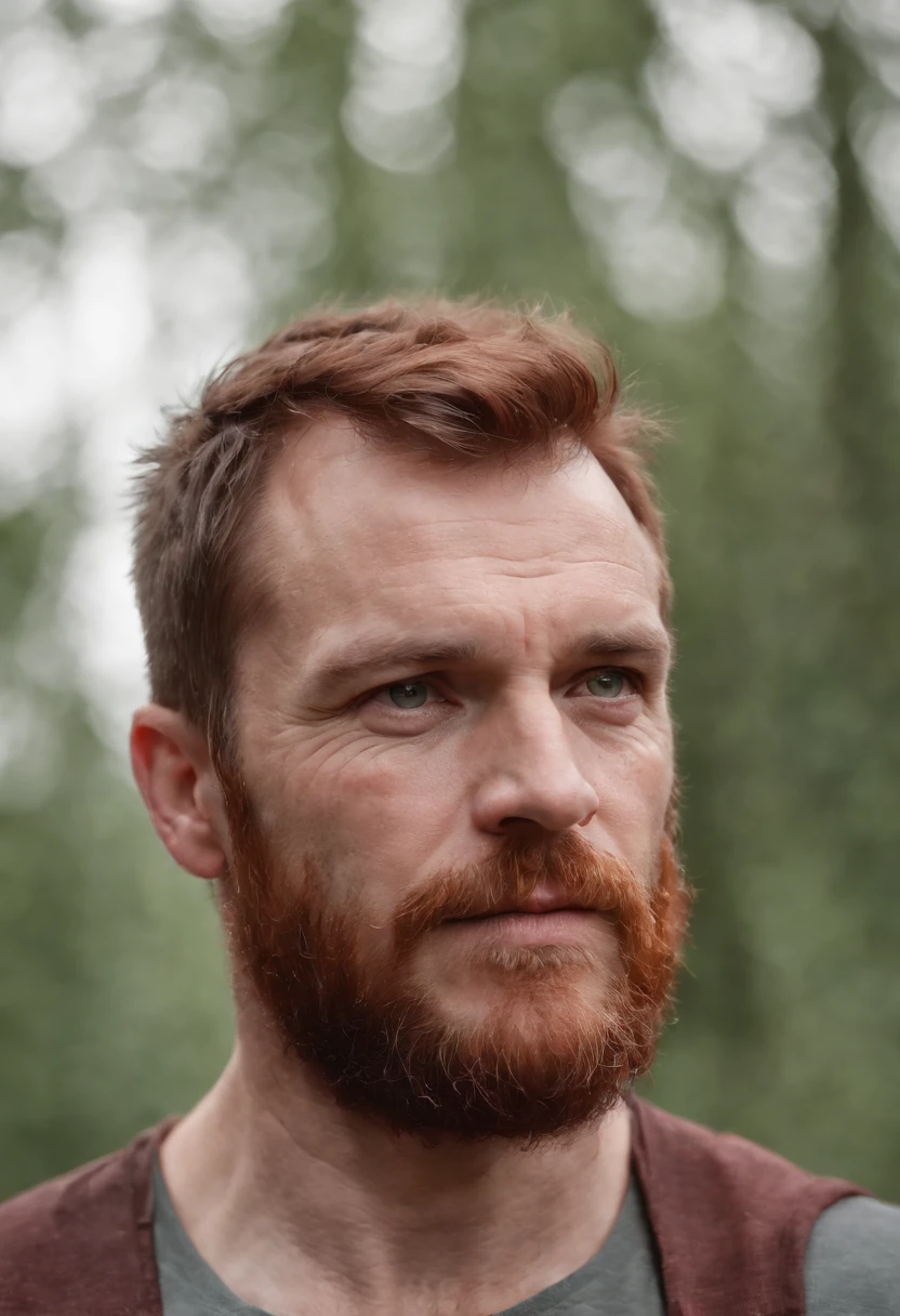 A middle aged, stern Germanic-Irish man with a round body, rugged looks with dark red hair. Hulking but with friendly eyes. Scruffy beard and mid to long length hair. hefty build