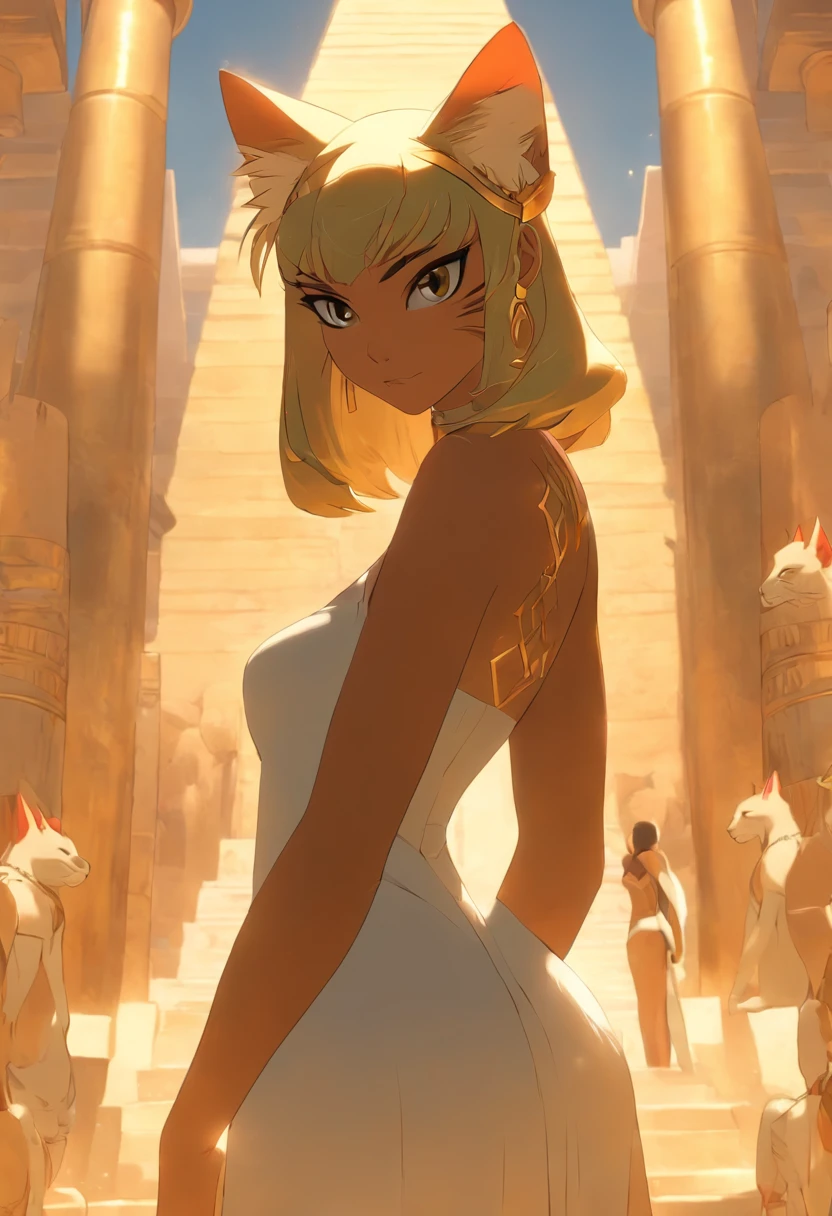 (((Woman's body and feline head))) best quality, very high resolution, 4K detailed CG, masterpiece, Egyptian mythology, Bastet, sun in the background, Ancient Egypt, standing pose, black cat head, black cat, white clothes, Egyptian clothes, Egyptian temple, desert, Ancient Egypt, ((feline head, woman's body)), Egyptian palace, aesthetics, beautiful image, centered on screen, standing pose