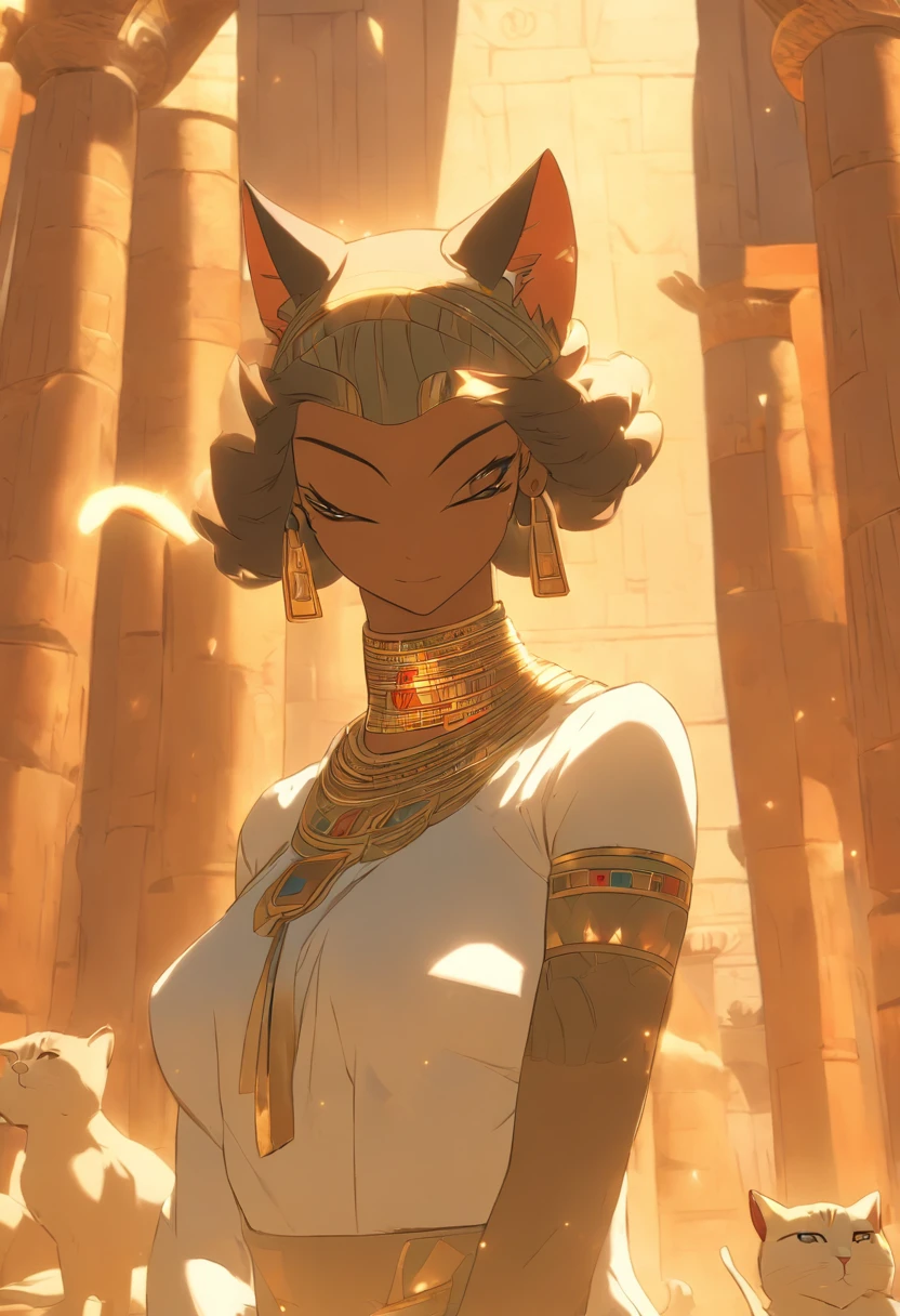 (((Woman's body and feline head))) best quality, very high resolution, 4K detailed CG, masterpiece, Egyptian mythology, Bastet, sun in the background, Ancient Egypt, standing pose, black cat head, black cat, white clothes, Egyptian clothes, Egyptian temple, desert, Ancient Egypt, ((feline head, woman's body)), Egyptian palace, aesthetics, beautiful image, centered on screen, standing pose