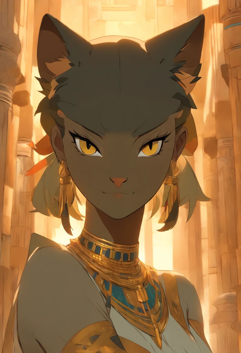 (((Woman's body and feline head))) best quality, very high resolution, 4K detailed CG, masterpiece, Egyptian mythology, Bastet, sun in the background, Ancient Egypt, standing pose, black cat head, black cat, white clothes, Egyptian clothes, Egyptian temple, desert, Ancient Egypt, ((feline head, woman's body)), Egyptian palace, aesthetics, beautiful image, centered on screen, standing pose