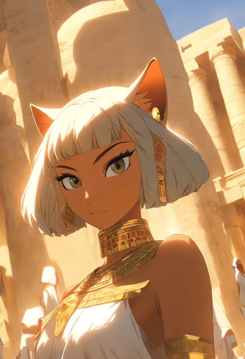 (((Woman's body and feline head))) best quality, very high resolution, 4K detailed CG, masterpiece, Egyptian mythology, Bastet, sun in the background, Ancient Egypt, standing pose, black cat head, black cat, white clothes, Egyptian clothes, Egyptian temple, desert, Ancient Egypt, ((feline head, woman's body)), Egyptian palace, aesthetics, beautiful image, centered on screen, standing pose