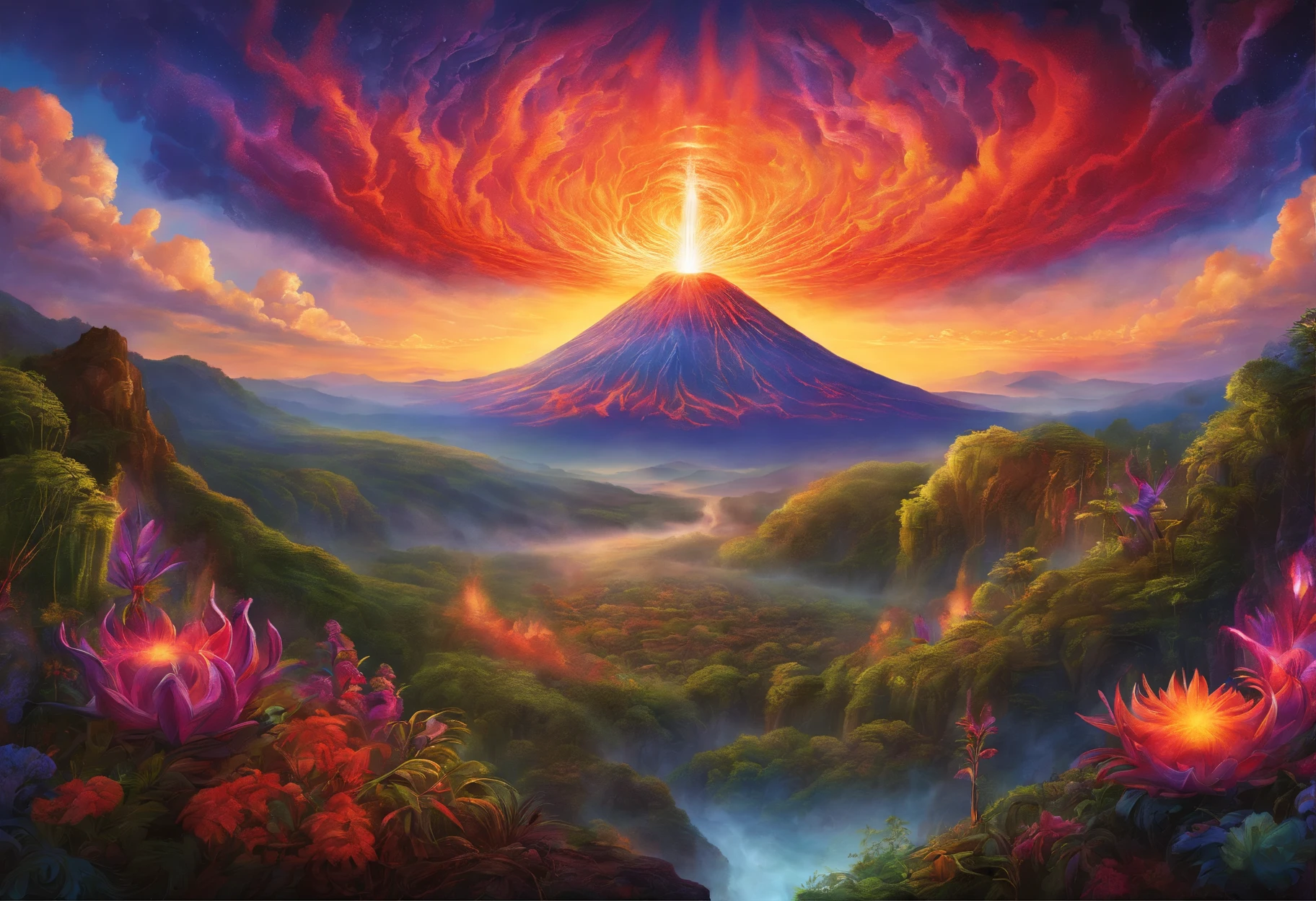 In a breathtaking display of raw natural beauty, a majestic volcano stands towering in a lush and vibrant landscape, symbolizing the incredible power of self-healing and regeneration. Earth's astonishing ability to repair itself is depicted in a visually stunning scene, where a volcanic eruption gives birth to new life and flourishing ecosystems. As lava flows down the mountain, it transforms barren land into fertile ground, nurturing new forests and promising a bright future for the diverse flora and fauna. The volcano emanates an ethereal glow, showcasing the essence of renewal, healing, and rebirth that our planet embodies.