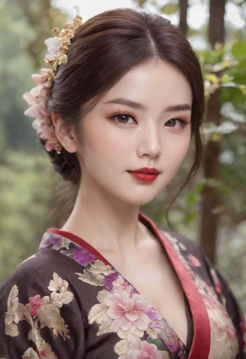 8k super-resolution、Beautuful Women、One lady、dark brown hair:1.1、hyperdetailed face、Detailed lips、significant、(Eyes are in focus)、二重まぶた、Eyes of the Princess、 beautfull Japanease woman、Beautiful Japan Lady、 sensual lip、Bewitching body、Bust Size 82、8 class large、Stand forward with good balance between left and right、in her 20s、(22year old)、Perspective、Lovely smile, Detailed Japan kimono in black-red-yellow-purple、Ultra-realistic and detailed floral pattern and shiny knots、Sharp Images、Detailed eye shine、Detailed background of Arashiyama Park in Kyoto、Natural hand shape