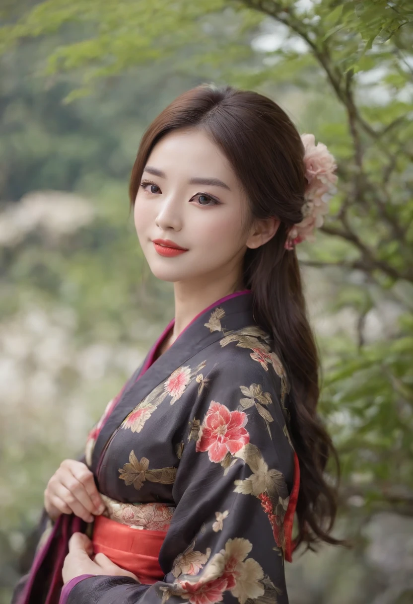 8k super-resolution、Beautuful Women、One lady、dark brown hair:1.1、hyperdetailed face、Detailed lips、significant、(Eyes are in focus)、二重まぶた、Eyes of the Princess、 beautfull Japanease woman、Beautiful Japan Lady、 sensual lip、Bewitching body、Bust Size 82、8 class large、Stand forward with good balance between left and right、in her 20s、(22year old)、Perspective、Lovely smile, Detailed Japan kimono in black-red-yellow-purple、Ultra-realistic and detailed floral pattern and shiny knots、Sharp Images、Detailed eye shine、Detailed background of Arashiyama Park in Kyoto、Natural hand shape