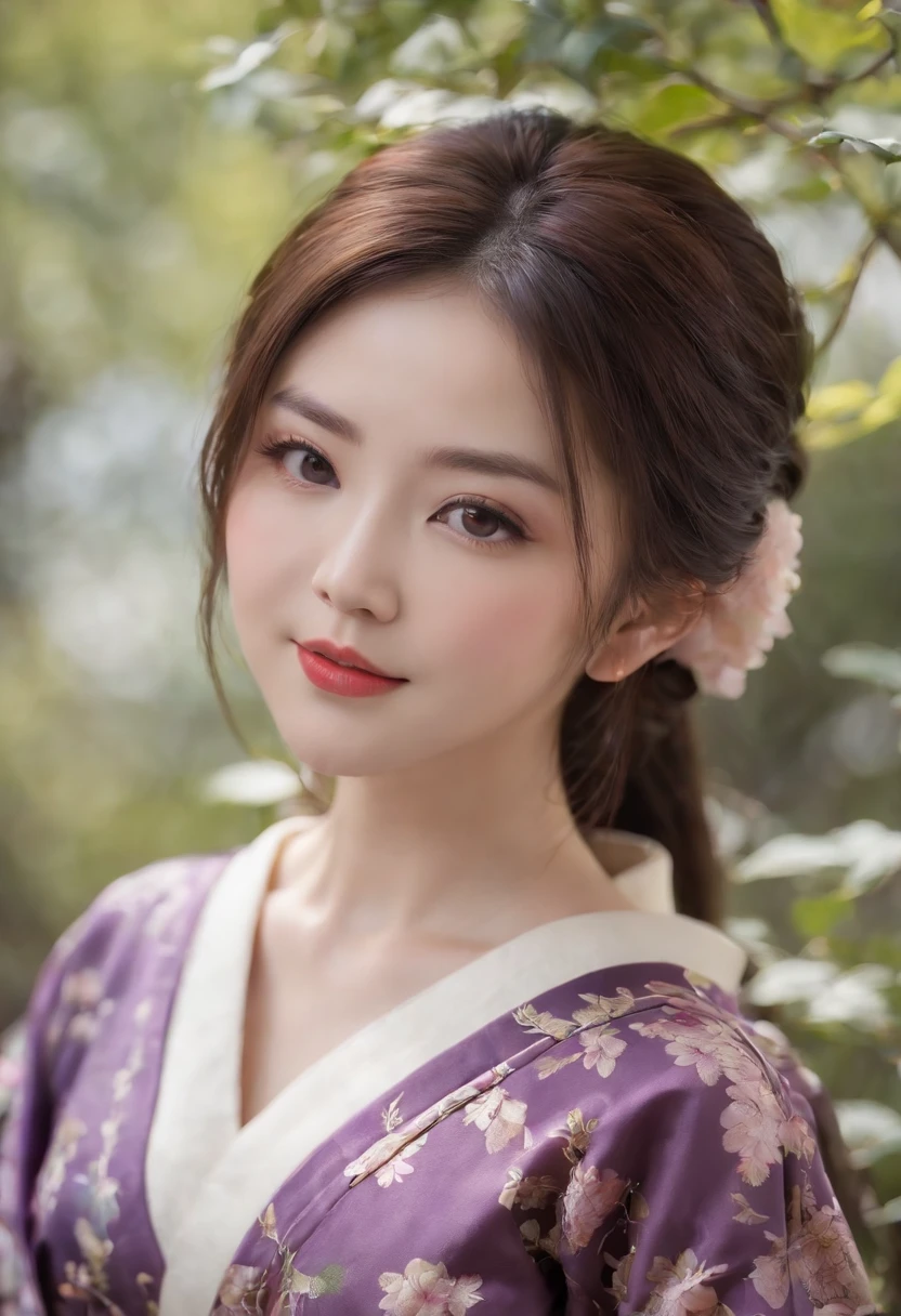 8k super-resolution、Beautuful Women、One lady、dark brown hair:1.1、hyperdetailed face、Detailed lips、significant、(Eyes are in focus)、二重まぶた、Eyes of the Princess、 beautfull Japanease woman、Beautiful Japan Lady、 sensual lip、Bewitching body、Bust Size 82、8 class large、Stand forward with good balance between left and right、in her 20s、(22year old)、Perspective、Lovely smile, Detailed Japan kimono in black-red-yellow-purple、Ultra-realistic and detailed floral pattern and shiny knots、Sharp Images、Detailed eye shine、Detailed background of Arashiyama Park in Kyoto、Natural hand shape