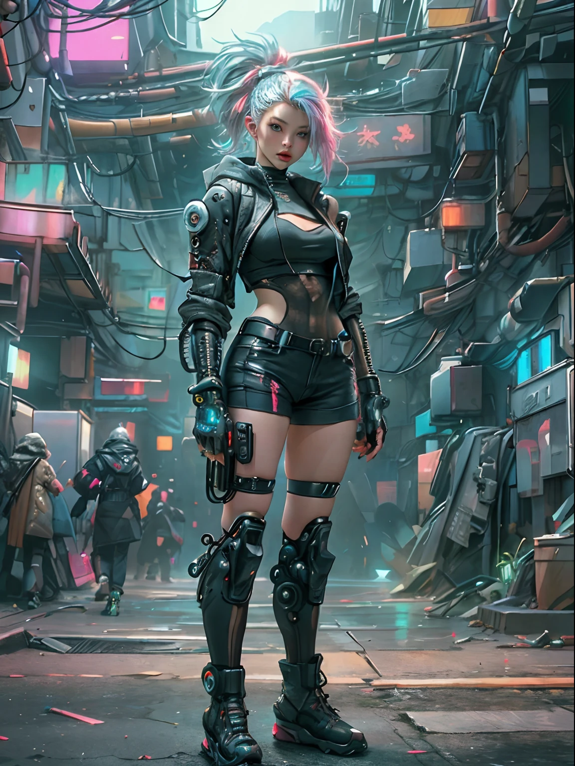 cyber punk Girl,(top-quality、8K、32K、​masterpiece、nffsw:1.3)、(The ultra -The high-definition)、(Photorealsitic:1.4)、Raw photography,Perfect eyes,Charming perfect figure,actionpose:1.2,Detailed cyberpunk fashion、World of Cyberpunk,depth of fields,blurry backround,、huge tit、clong legs