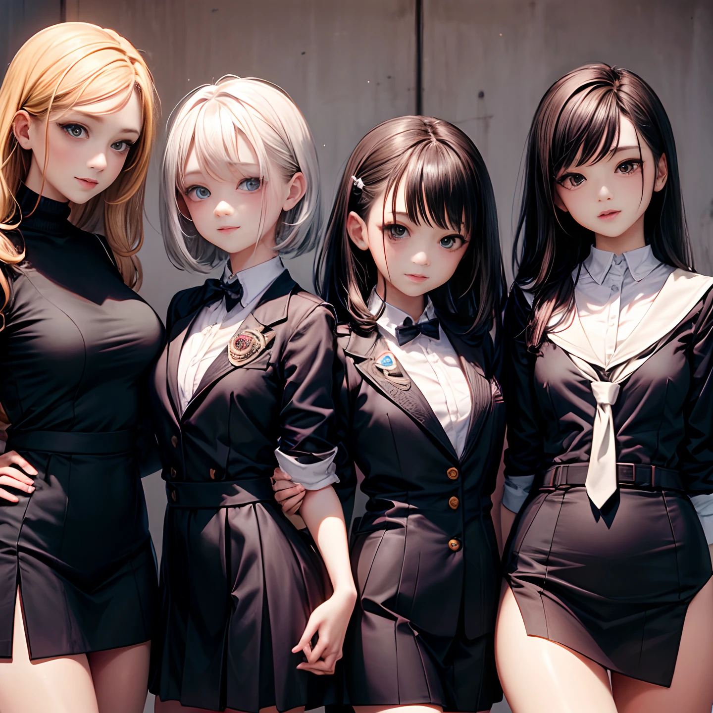 Masterpiece, 4girls, wearing school uniform, beauty and cute, high detailed, dinamic lighting, vivid colours,