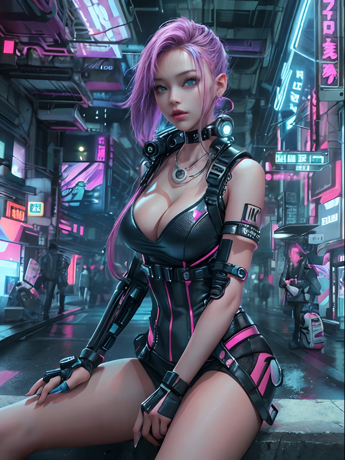cyber punk Girl,(top-quality、8K、32K、masterpiece、nffsw:1.3)、(The ultra -The high-definition)、(Photorealsitic:1.4)、Raw photography,Perfect eyes,Charming perfect figure,actionpose:1.2,Detailed cyberpunk fashion、World of Cyberpunk,depth of fields,blurry backround,、huge tit、clong legs