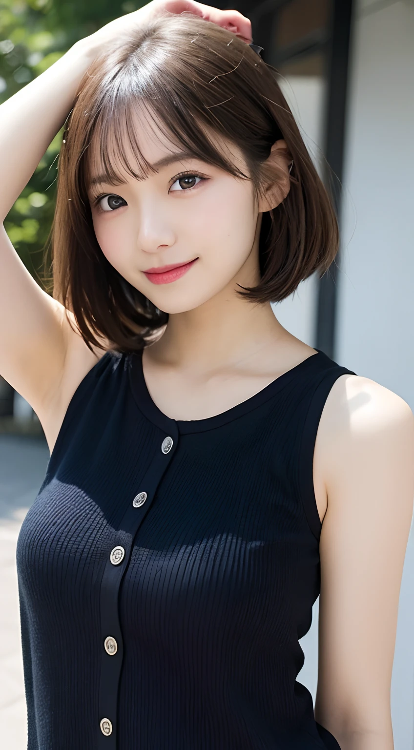 masutepiece, Best Quality, Illustration, Ultra-detailed, finely detail, hight resolution, 8K Wallpaper, Perfect dynamic composition, Beautiful detailed eyes, Women's Fashion Summer,Short bob hair,small tits, Bold sexy poses,Smile,Harajuku,20 years girl,Cute,Sexy shot looking at camera,Sleeveless,Thin shirt,(armpit)