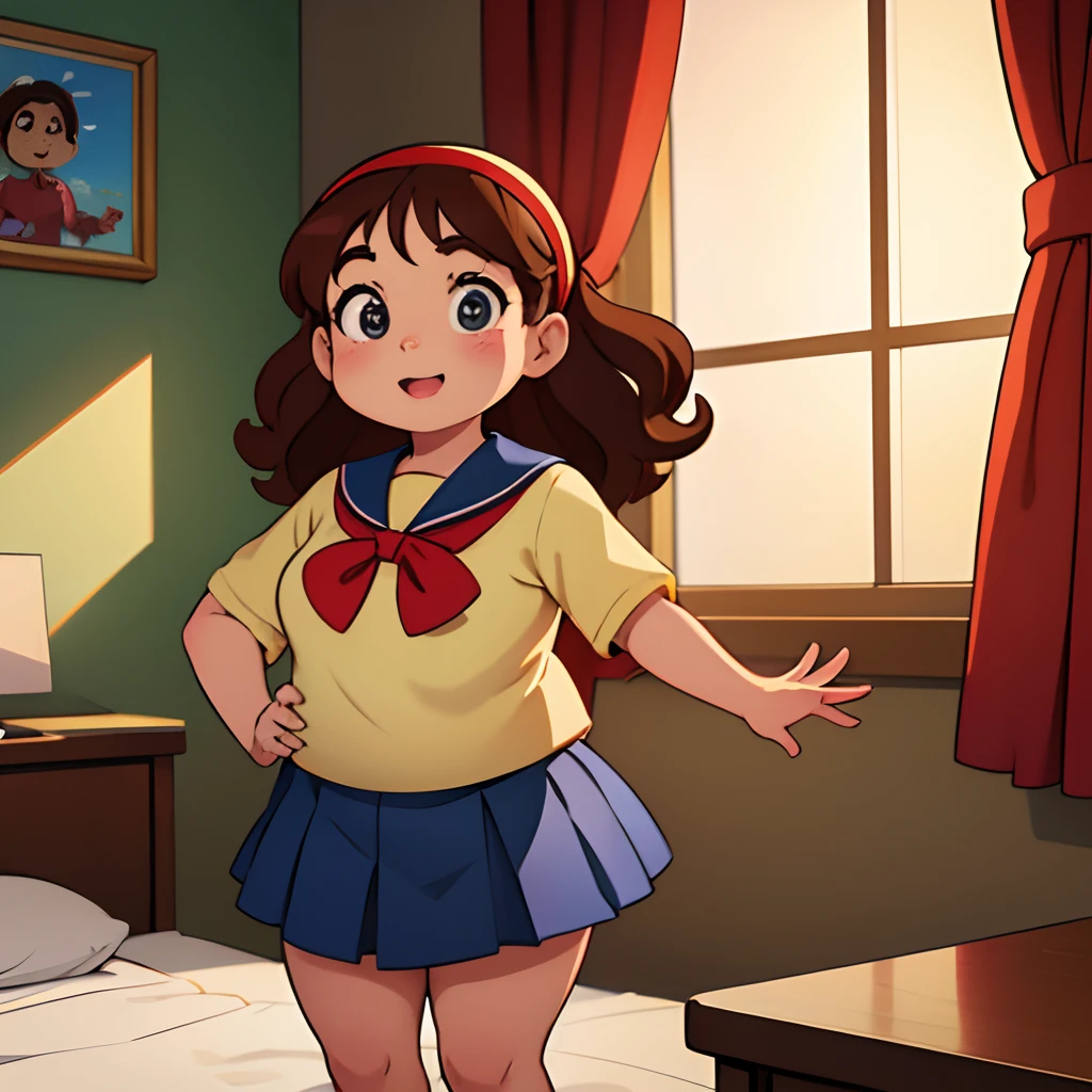 Fat 5 year old girl in school uniform and red headband with adorable wavy light brown hair in Pixar movie style, no seu quarto, cinemactic，Fechar-u, muito fofo, Estilo Disney