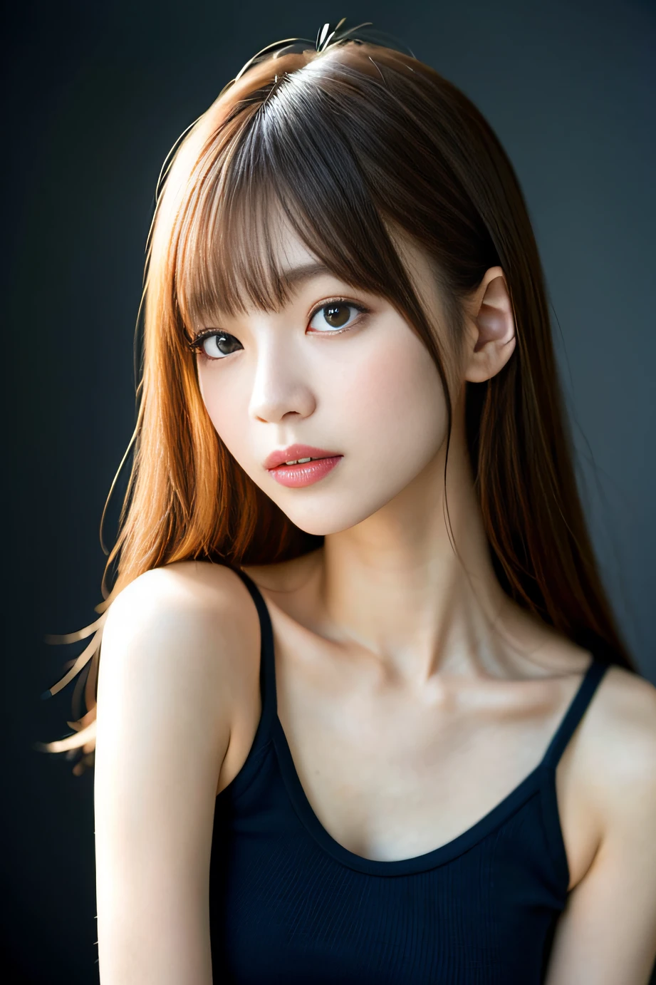 (Photo Real:1.4), (hyper realisitic:1.4), (realisitic:1.3), (Smooth lighting:1.05), 1girl in, Neat and clean beauty, age19. lovely, Cute, Tank top, Warm light, Realistic lighting. Back lighting、Facial light, (cheerfulness:1.2). (Improved image quality:1.4).  (Finest Real Textured Skins). finely eye. Small face of thin daughter. No makeup. Pointed jaws. close up of face. 韓国アイドル, Gravure Idol Pose Slender. glowy skin, 乃木坂アイドル,