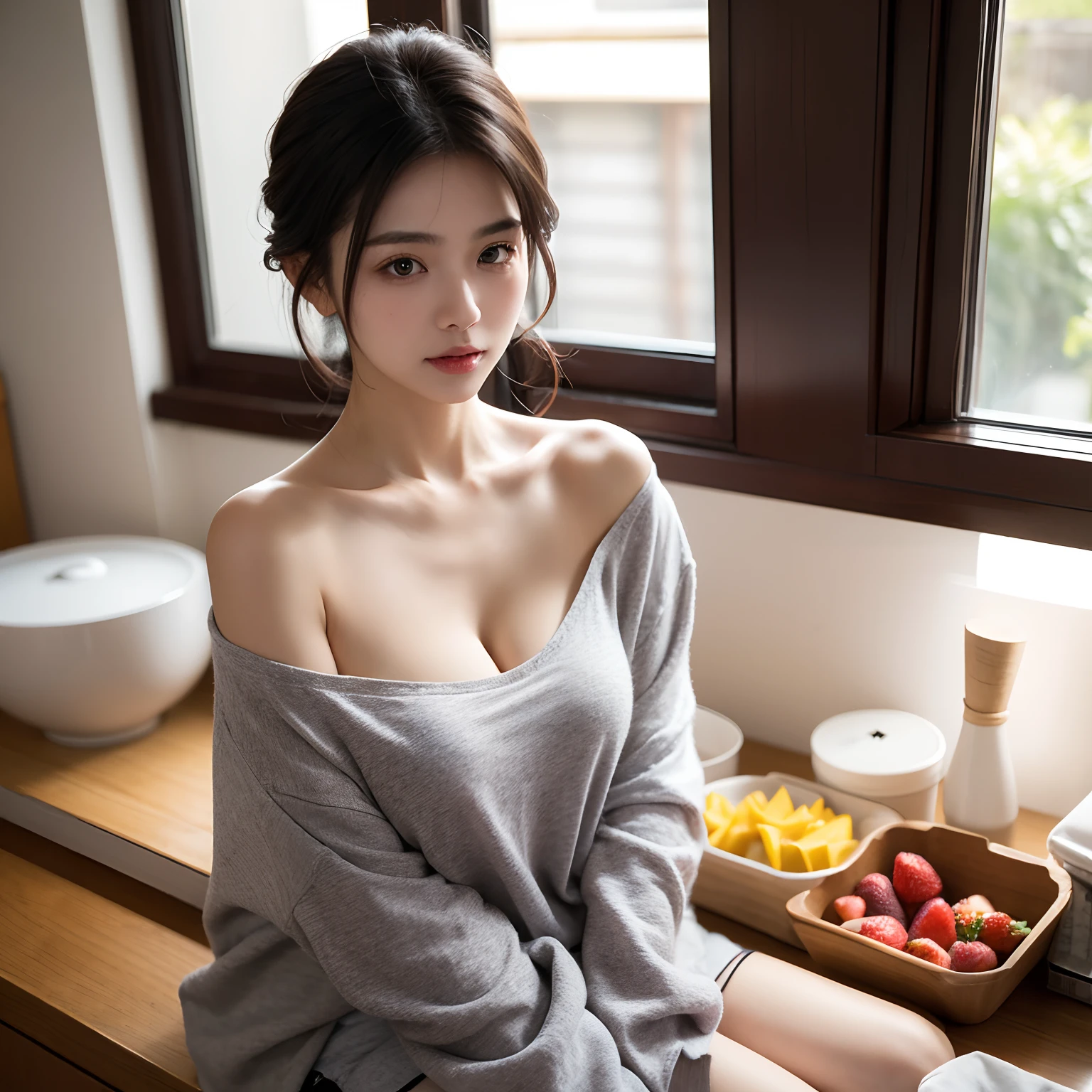 masterpiece, yor, 1girl, Amazing Cleavage:1.3, thin waist, big ass, Raised sexy, medium breast: 1.8 posed cleavage:1.2、solo, looking at viewer, open mouth, have a cup of coffee,black hair, red eyes, dress, bare shoulders, jewelry, collarbone, sidelocks, hairband, earrings, indoors, off shoulder, :o, sweater, arms behind back, plant, short hair with long locks, white hairband, off-shoulder dress, sweater dress, off-shoulder sweater, red sweater, big side hair, very long side hair,is rendered in (masterpiece: 1.2, best quality), with (ultra high resolution) and an exquisite (depth of field). This masterpiece is not only visually stunning but also tells, make of cake cooking ,in the kitchen