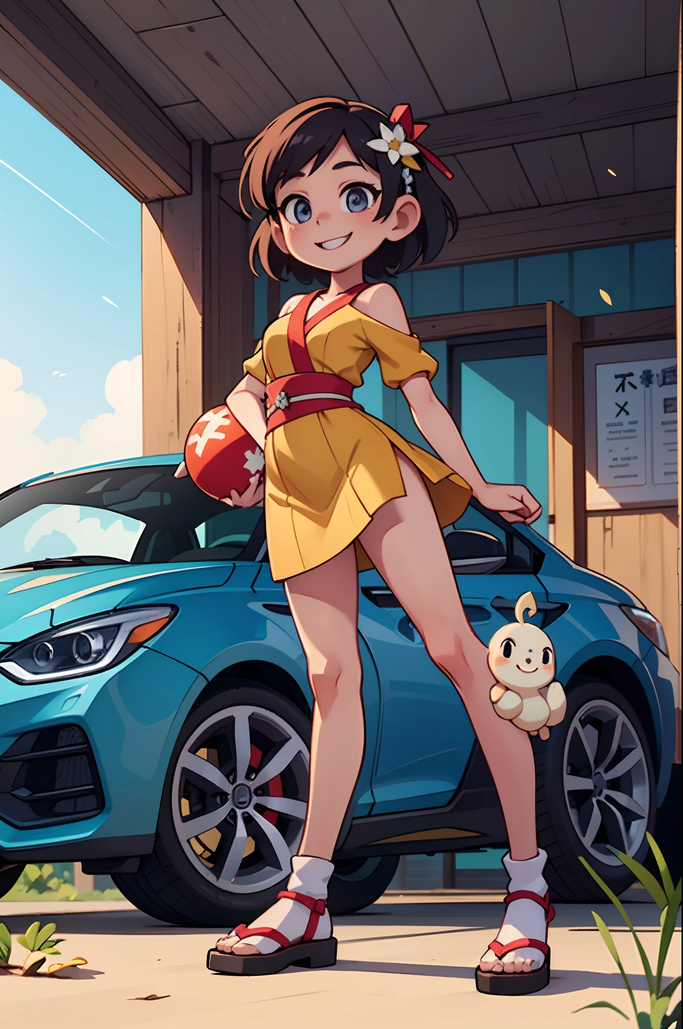 Octane Render、(Hyper-detailing: 1.15)、(Soft light、sharp: 1.2)、morning、 posing in front of colorful EV in parking lot near beach, Traditional costumes、Distinctive ethnic hair ornaments、Characteristic ethnic shoes、 Fuji Film, F/4.0, masutepiece, Anatomically correct、A smile, radiant light