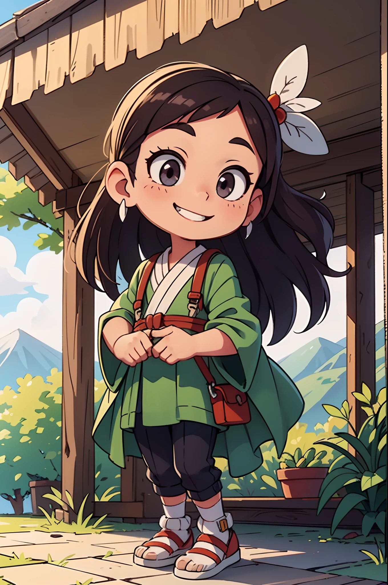 Octane Render、(Hyper-detailing: 1.15)、(Soft light、sharp: 1.2)、morning、Little girl posing in front of colorful EV in mountain parking lot, Traditional costumes、Distinctive ethnic hair ornaments、Characteristic ethnic shoes、 Fuji Film, F/4.0, masutepiece, Anatomically correct、A smile, radiant light