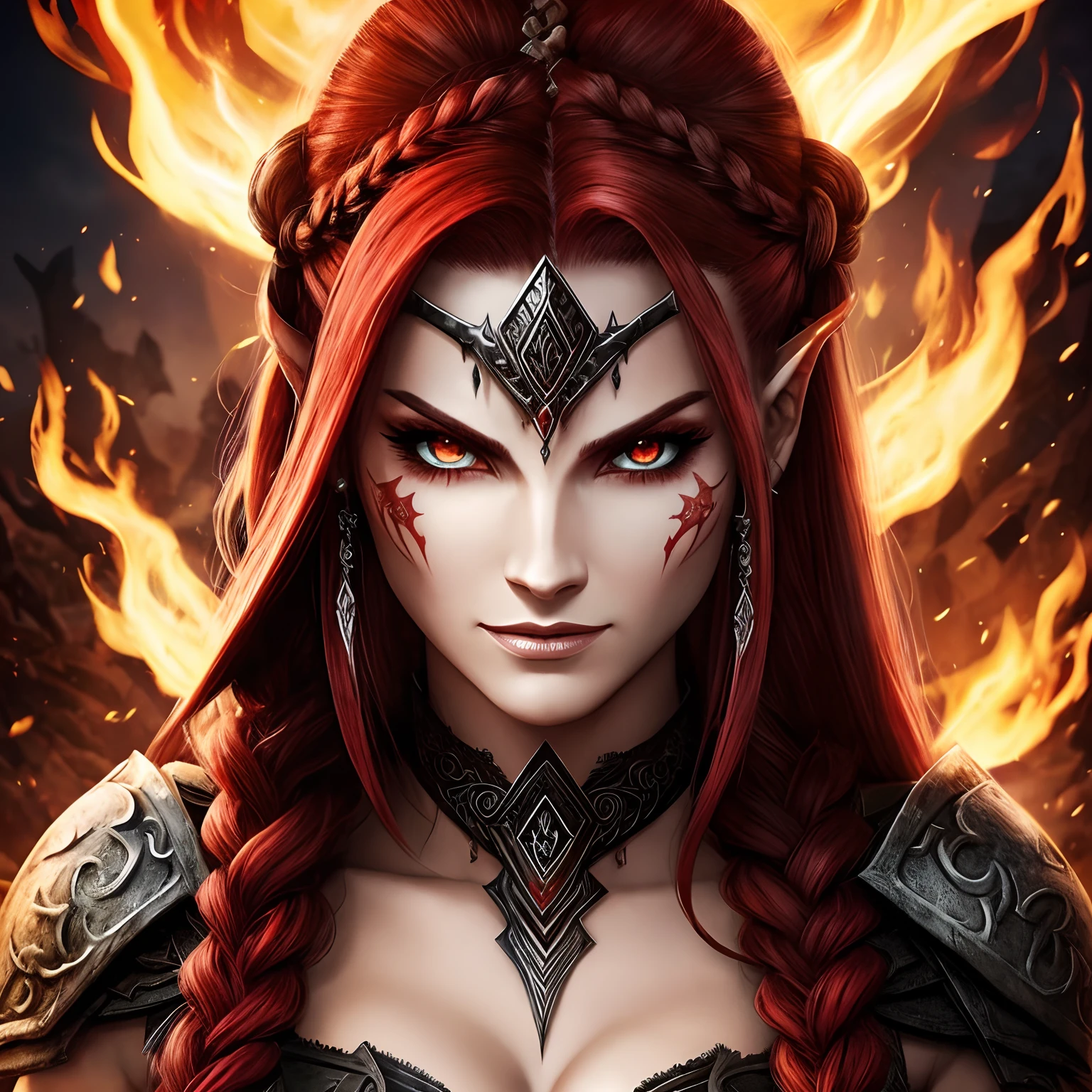 a close up of a person wearing a costume, unreal engine render + a goddess, black scars on her face, red and cinematic lighting, maiden with copper hair, detailed : cornea, chaos beauty, harsh bloom lighting, goddess of anger, spellbreak, highres