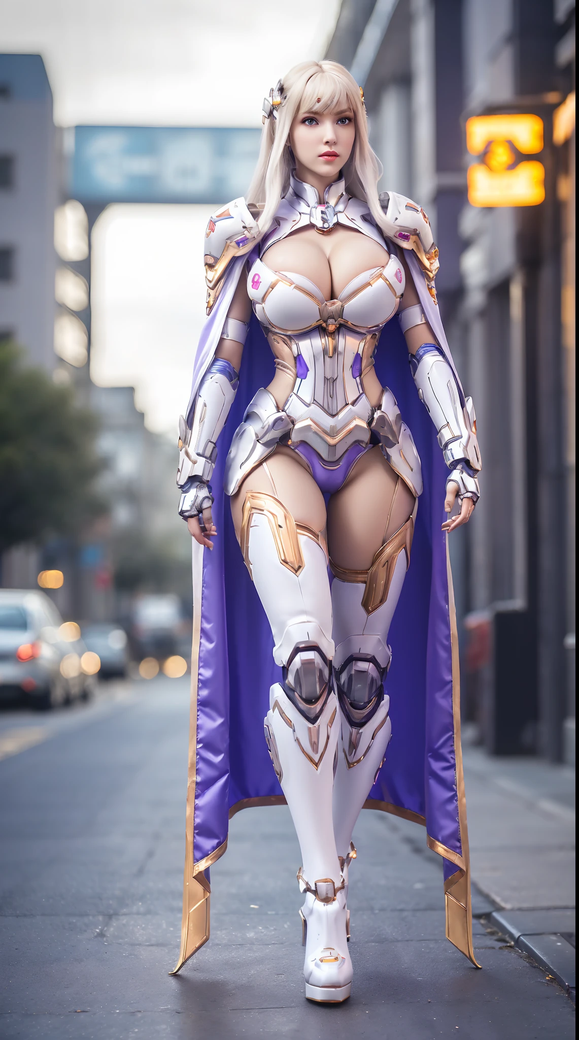 1GIRL, SOLO, (ssmile, makeup, beautifull eyes, red libs, white front bangs hair, gold ornament hair), (HUGE FAKE BOOBS:1.3), (GUARD ARM), (white, purple, blue, FROM OVERWATCH, IN FUTURISTIC ARMOR, GIRL IN MECHA CYBER ARMOR, ROYAL CAPE, CLEAVAGE, SKINTIGHT YOGA PANTS, HIGH HEELS:1.5), (SLENDER BODY, SEXY LONG LEGS, FULL BODY:1.3), (LOOKING AT VIEWER:1), (WALKING DOWN ON STREET NIGHT CITY:1.3), PHYSICALLY-BASED RENDERING, ULTRA HIGHT DEFINITION, 8K, 1080P.