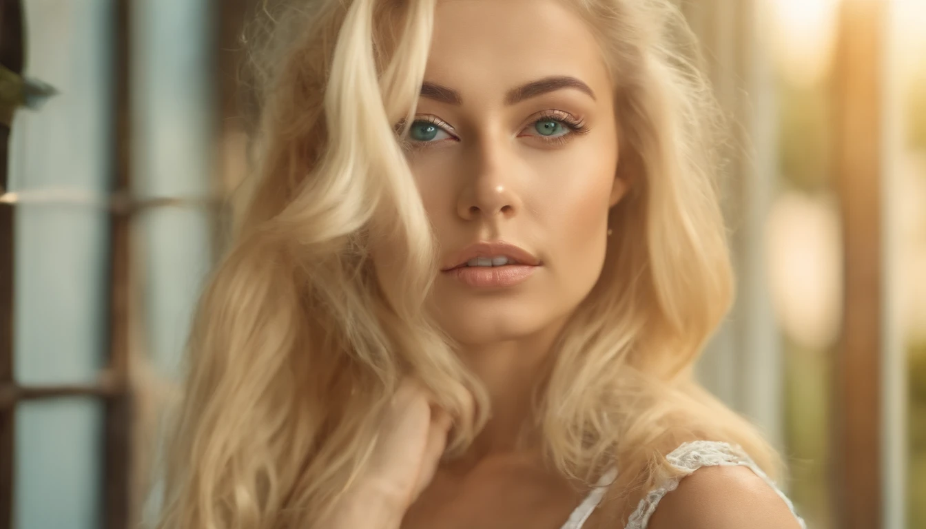 Woman in white tank top and ripped jeans, Sexy girl with green eyes, Portrait of Sophie Mudd, (Big Eyes:1.2 ), (Subtle turquoise eyes), (Voluminous blonde hair:1.8), (blonde hairs), (large eyes), (blonde hairs), (large eyes), (blonde hairs), (large eyes), Selfie of a young woman, without makeup, natural makeup, Straight Looking at the Camera, Faces with artgrams, Subtle makeup, Amazing full-body shots, Pierced green eyes, Beautiful angles, attractive pose, Cute Girl, Sexy Pose, full body photograph, s whole body, full body shooting, Brunette Goddess, High Detail, Satisfying pose