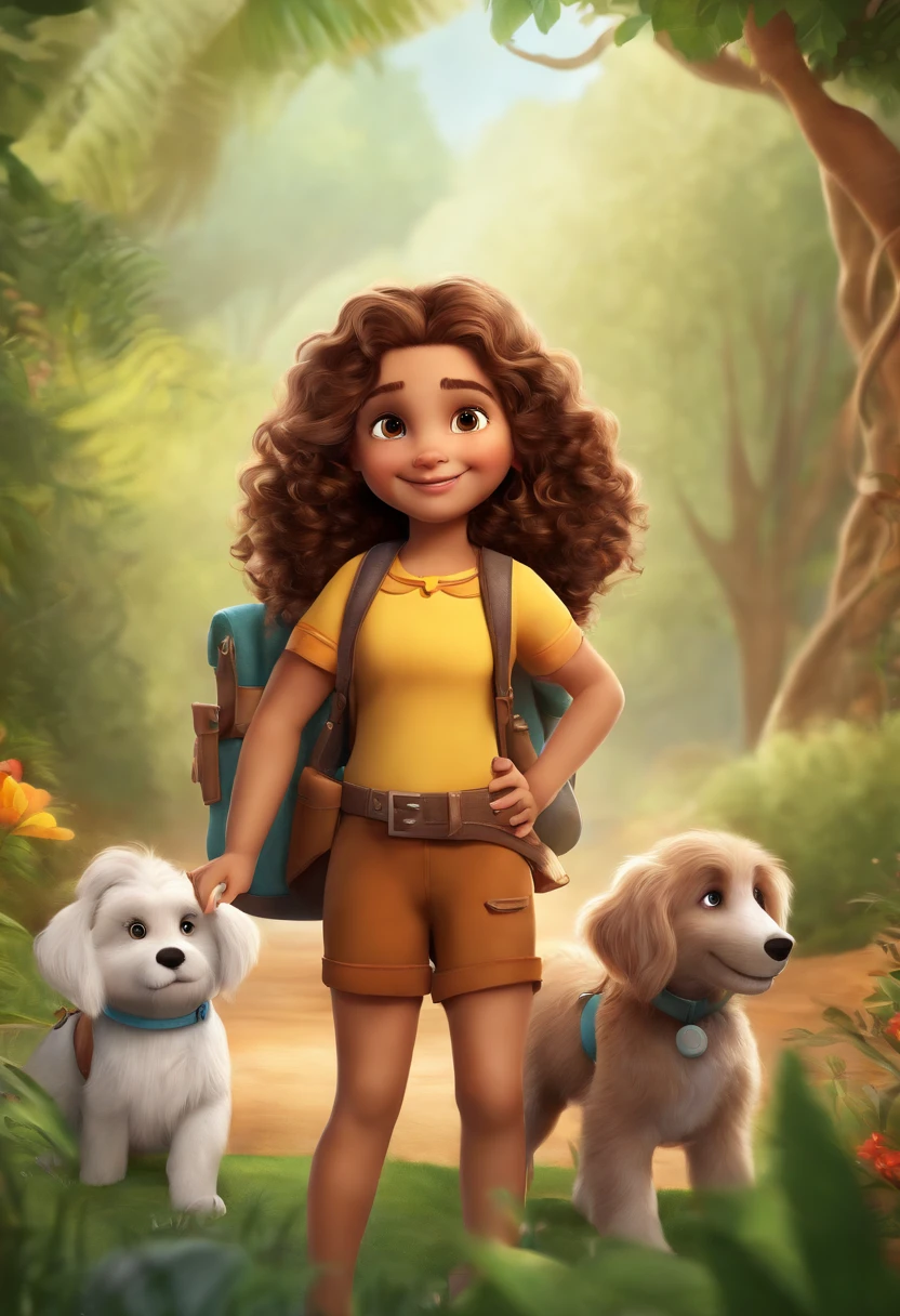 (best quality,realistic), 1girl,girl:1.1, 7-year-old,curly,brown hair,long hair,wavy hair,[white background],cartoon style,Leo the Explorer inspired,vibrant colors