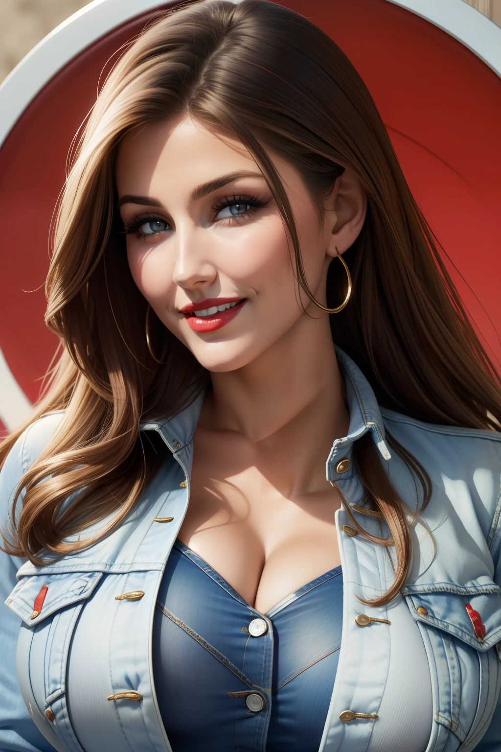 lucy pinder, face portrait, face, smiling, super cleavage, red lipstick, white t-shirt, (( blue jeans jacket))