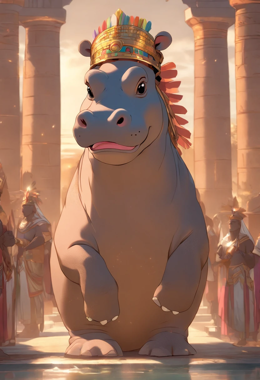 (((Hippo body and headdress))) best quality, very high resolution, 4K detailed CG, masterpiece, Egyptian mythology, Taweret, sun in the background, Ancient Egypt, standing pose, hippo god, black cat , white clothes, Egyptian clothes , Egyptian temple, desert, Ancient Egypt, ((hippo head, woman's body)), Egyptian palace, aesthetics, beautiful image, centered on screen, standing pose