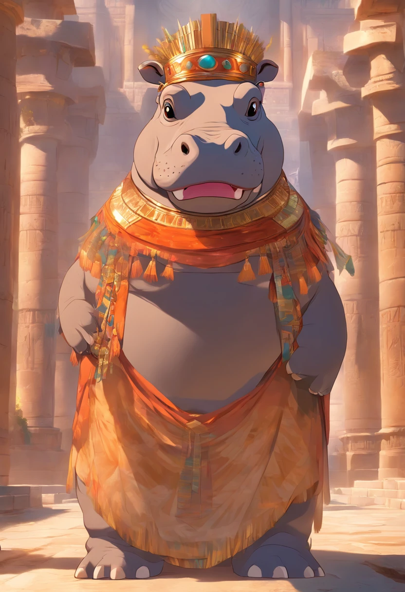 (((Hippo body and headdress))) best quality, very high resolution, 4K detailed CG, masterpiece, Egyptian mythology, Taweret, sun in the background, Ancient Egypt, standing pose, hippo god, black cat , white clothes, Egyptian clothes , Egyptian temple, desert, Ancient Egypt, ((hippo head, woman's body)), Egyptian palace, aesthetics, beautiful image, centered on screen, standing pose
