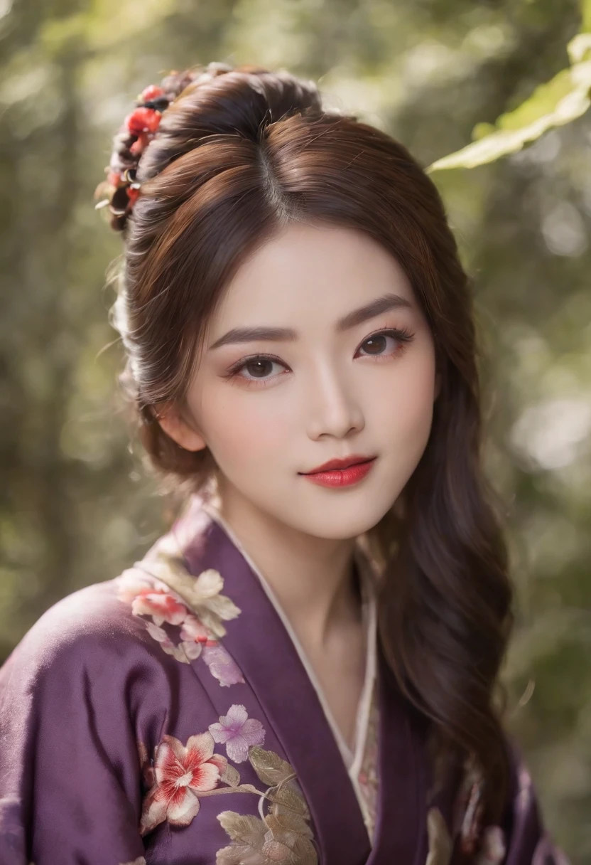 8k super-resolution、Beautuful Women、One lady、dark brown hair:1.1、hyperdetailed face、Detailed lips、significant、（Eyes are in focus）、二重まぶた、Eyes of the Princess、 beautfull Japanease woman、Beautiful Japan Lady、 sensual lip、Bewitching body、Bust Size 82、8 class large、Stand forward in a balanced manner、in her 20s、（22year old）、Perspective、Lovely smile, Detailed Japan kimono in black-red-yellow-purple、Ultra-realistic and detailed floral pattern and shiny knots、Sharp Images、Detailed eye shine、Detailed background of Arashiyama Park in Kyoto、Natural hand shape