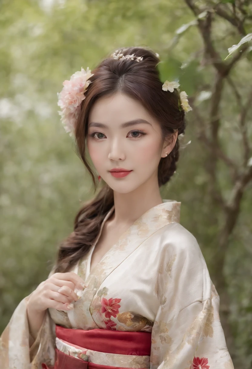 8k super-resolution、Beautuful Women、One lady、dark brown hair:1.1、hyperdetailed face、Detailed lips、significant、（Eyes are in focus）、二重まぶた、Eyes of the Princess、 beautfull Japanease woman、Beautiful Japan Lady、 sensual lip、Bewitching body、Bust Size 82、8 class large、Stand forward in a balanced manner、in her 20s、（22year old）、Perspective、Lovely smile, Detailed Japan kimono in black-red-yellow-purple、Ultra-realistic and detailed floral pattern and shiny knots、Sharp Images、Detailed eye shine、Detailed background of Arashiyama Park in Kyoto、Natural hand shape