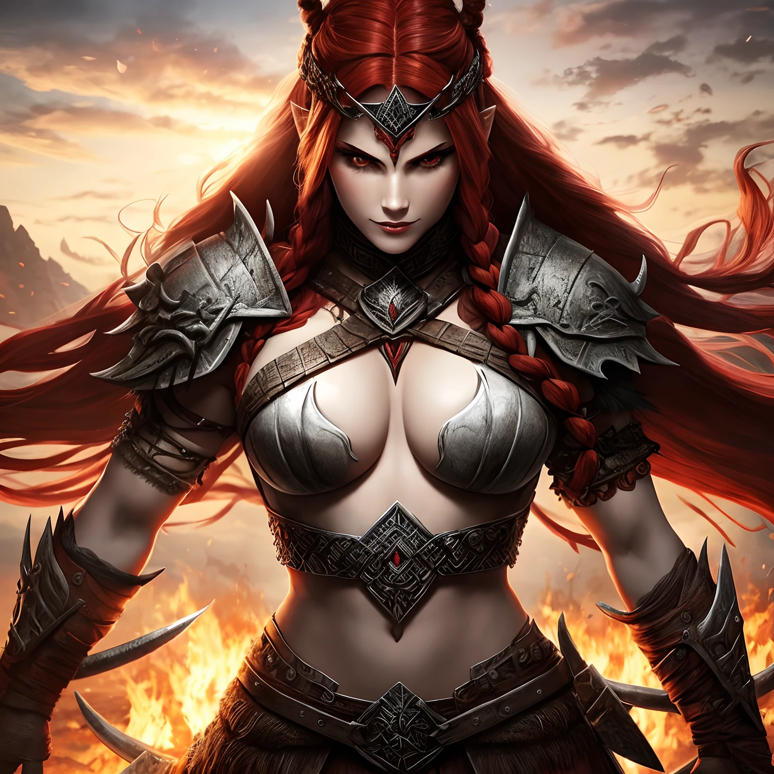 Berserker, barbarian woman, Arte de Fantasia, of his gaze alone enemies beginning to panic, one head, devilish smile, besta do inferno, demonio, White Fire Sky, guerreira, com foice e escudo, linda, mulheres, Werelion, Long red braided hair, olhos dourados brilhantes, realista, altamente detalhados, Motor irreal, 8k de luxo
