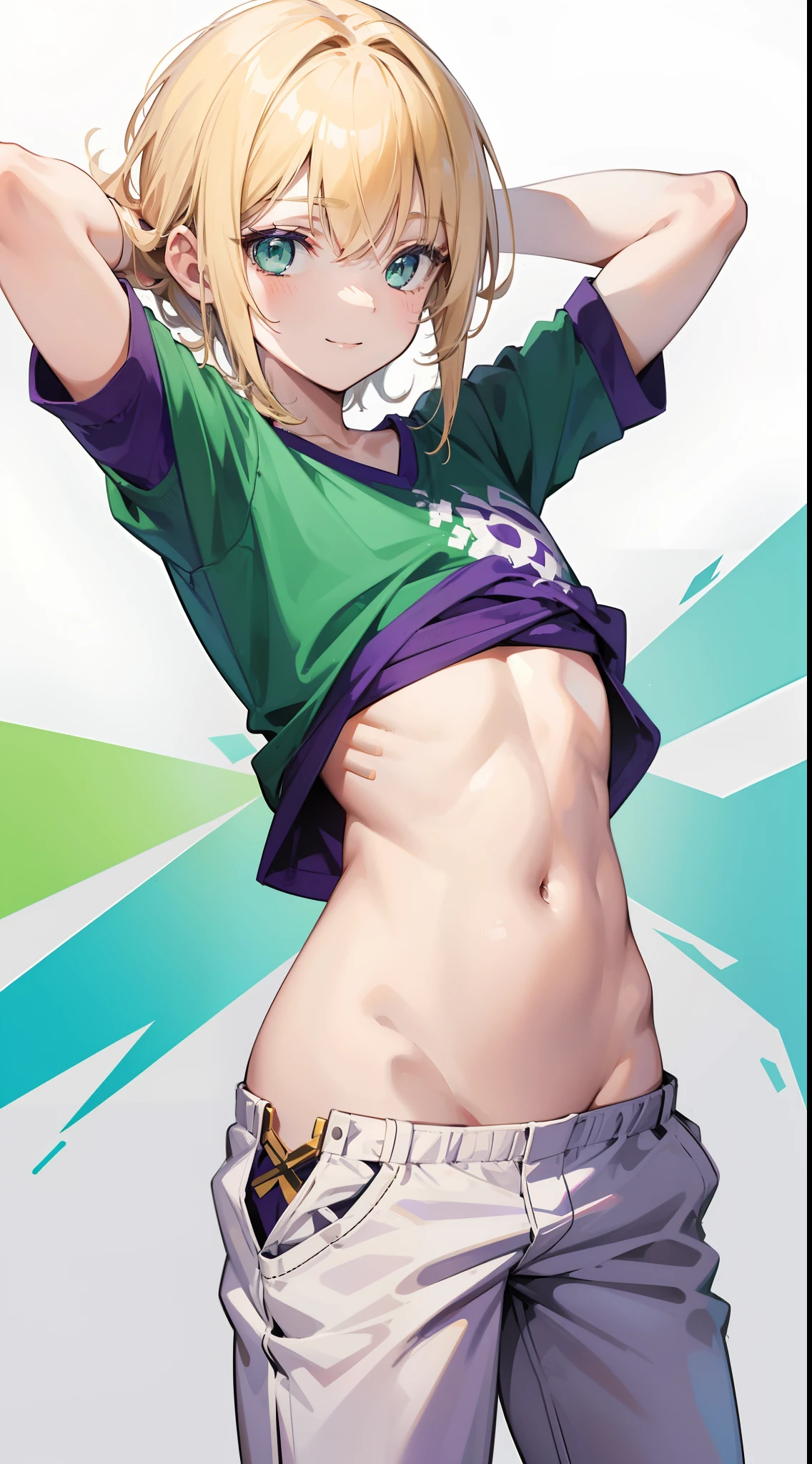 young boy, longue blonde hair, Green eyes, Purple T-shirt, White Elements, pants, open belly, hands behind head, Smile, Masterpiece, hiquality, 4k, HD, Good detail