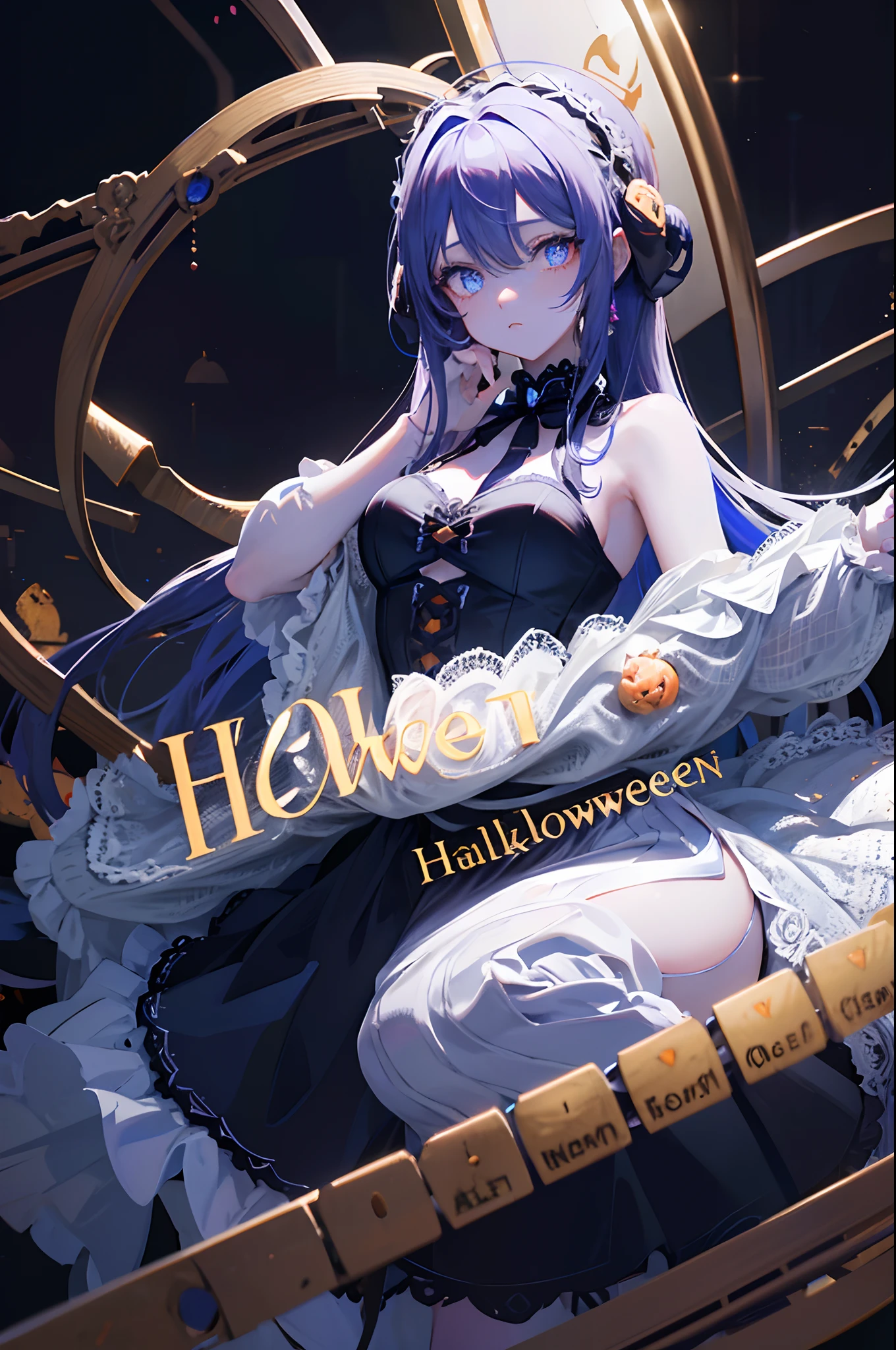 Dark hair blue eyess Twin-tailed borgar Halloween white lace dress pumpkins masterpiece Top image quality Clear anime colours cinematic shadow Increased attractiveness of the eyes Clear the shine of the eyes Draw eyelashes neatly Perfect Eye A detailed eye Sharpen image quality Sharpen eye writing Clear eye shape
