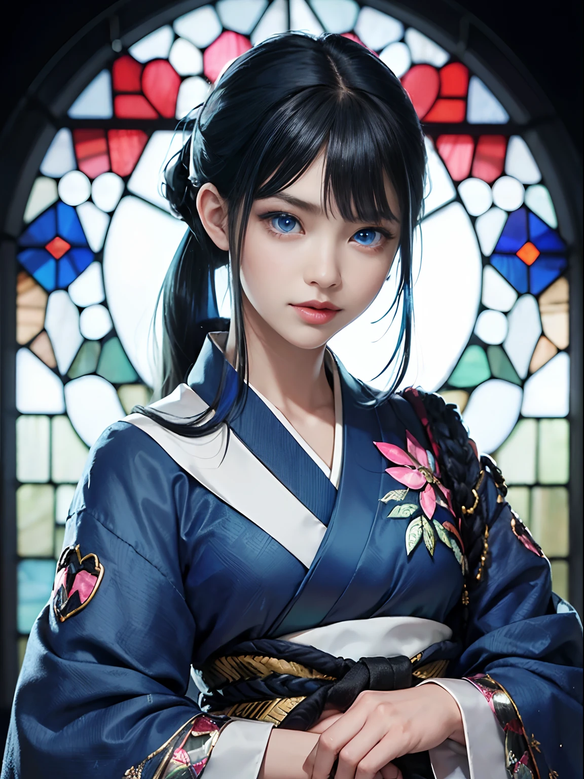 (rokoko:1.5),Background of details(chies:1.1(stain glass:1.2)),BREAK,elaborate costume{Luxury kimono(Colorful kimono(detailed embroidery,))},BREAK,1womanl(Beautiful and classy adult woman(Japanese actressl:1.2)(chuckle(blue eyess:1.5))(glossy dark hair(poneyTail:1.2))), Blake Wallpaper 16K,Blur the background,(masutepiece:1.5), (Best Quality:1.5),(Portrait photos:1.5),full body Esbian
