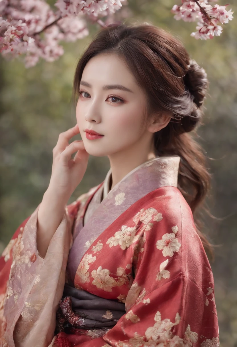 8k super-resolution、Beautuful Women、One lady、dark brown hair:1.1、hyperdetailed face、Detailed lips、significant、（Eyes are in focus）、二重まぶた、Eyes of the Princess、 beautfull Japanease woman、Beautiful Japan Lady、 sensual lip、Bewitching body、Bust Size 82、8 class large、Stand forward with good balance between left and right、in her 20s、（22year old）、Perspective、Lovely smile, Detailed Japan kimono in black-red-yellow-purple、Ultra-realistic and detailed floral pattern and shiny knots、Sharp Images、Detailed eye shine、Detailed background of Arashiyama Park in Kyoto、Natural hand shape、The chest is visible、