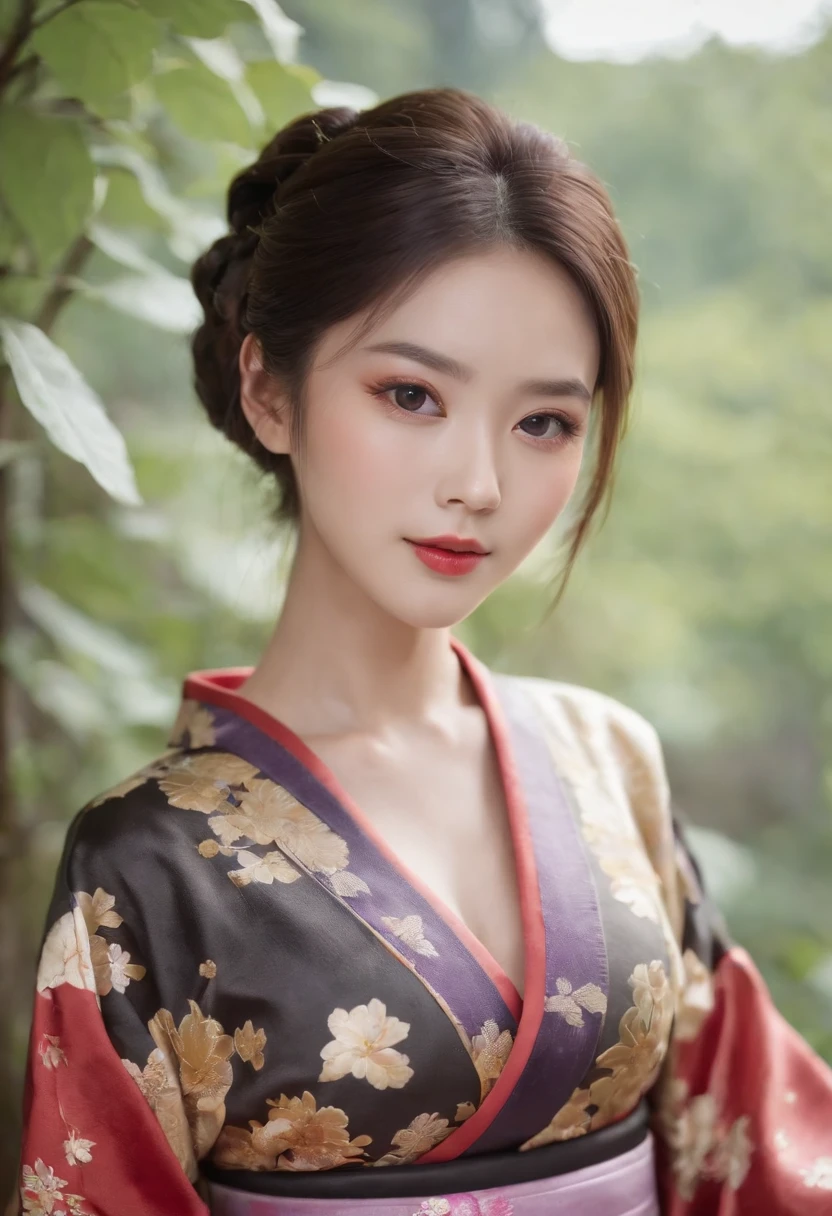 8k super-resolution、Beautuful Women、One lady、dark brown hair:1.1、hyperdetailed face、Detailed lips、significant、(Eyes are in focus)、二重まぶた、Eyes of the Princess、 beautfull Japanease woman、Beautiful Japan Lady、 sensual lip、Bewitching body、Bust Size 82、8 class large、Stand forward with good balance between left and right、in her 20s、(22year old)、Perspective、Lovely smile, Detailed Japan kimono in black-red-yellow-purple、Ultra-realistic and detailed floral pattern and shiny knots、Sharp Images、Detailed eye shine、Detailed background of Arashiyama Park in Kyoto、Natural hand shape、The chest is visible、
