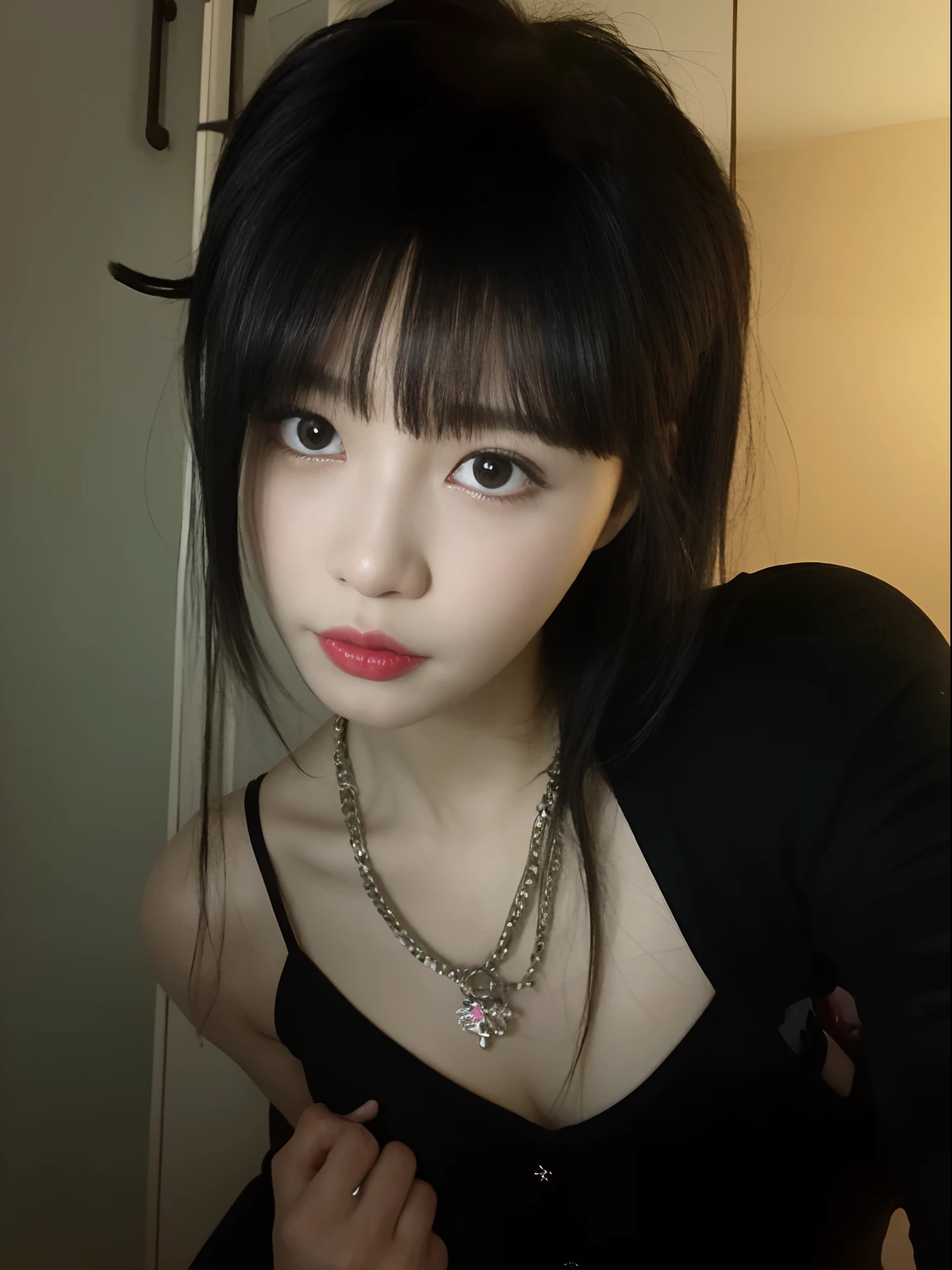 there is a woman with a necklace and a black top, cruel korean goth girl, ulzzangs, Cai Xukun, 1 7 - year - old anime goth girl, kanliu666, xintong chen, Shin Jinying, 1 7 - year - old goth girl, She has black hair,By bangs, iu lee ji-eun as a super villain