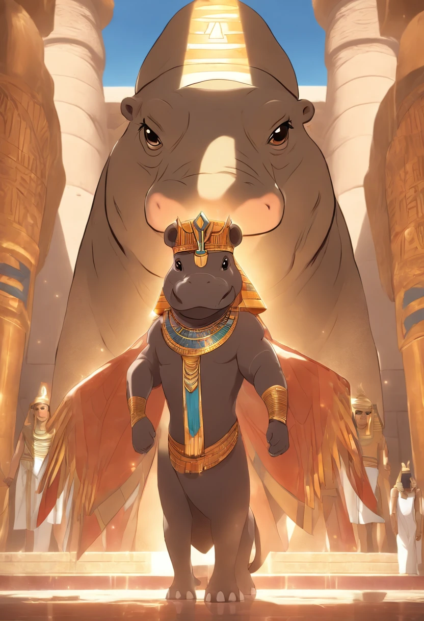 (((Hippo body and Egyptian headdress))) best quality, very high resolution, 4K detailed CG, masterpiece, Egyptian mythology, Taweret, sun in the background, Ancient Egypt, standing pose, hippo god, cat black, white clothes, Egyptian clothes, Egyptian temple, desert, Ancient Egypt, ((hippo head, woman's body)), Egyptian palace, aesthetics, beautiful image, centered on screen, standing pose