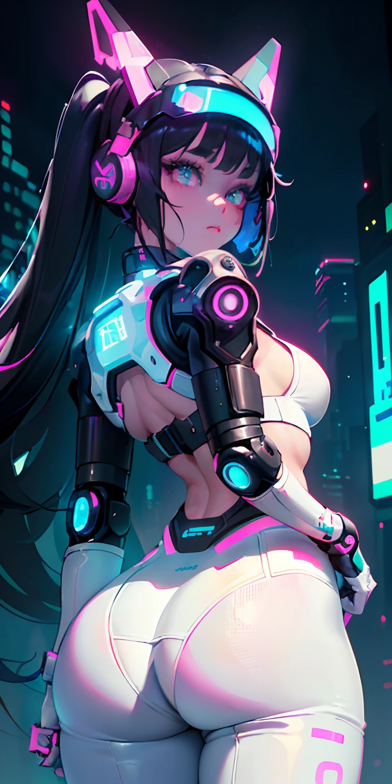 top-quality))、((masterpiece)、Close-up of people、Buttock emphasis、cyberpunked、Big buttocks、Electronic visor attached to -yeld gis face with emphasis on buttocks、Cyberpunk Fashion、Sexy Posing、(Wearing white body spats on lower body、Breasts enlarged、Neon lights in dark city at night