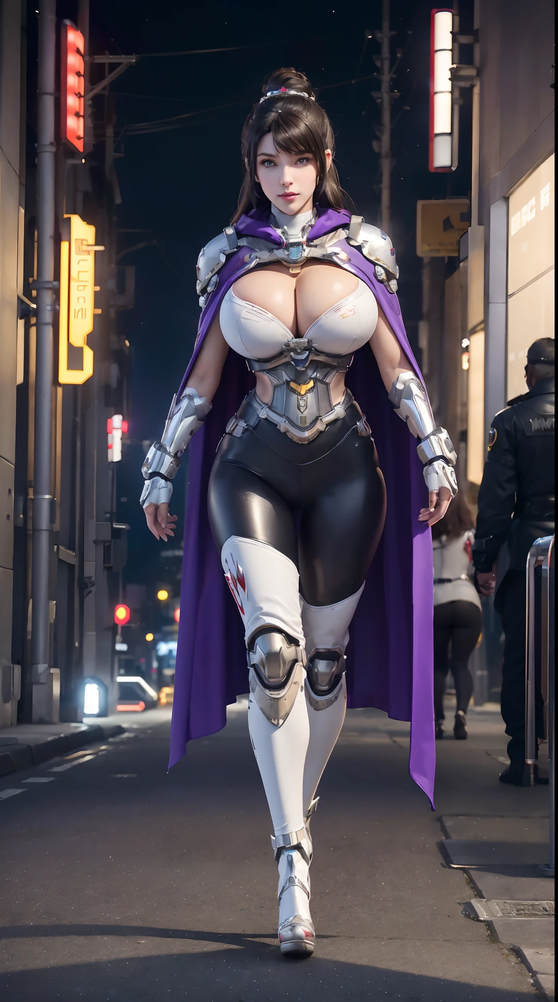 1GIRL, SOLO, (ssmile, makeup, beautifull eyes, red libs, gold ornament hair), (HUGE FAKE BOOBS:1.3), (GUARD ARM), (white, purple, blue, FROM OVERWATCH, IN FUTURISTIC ARMOR, GIRL IN MECHA CYBER ARMOR, ROYAL CAPE, CLEAVAGE, SKINTIGHT YOGA PANTS, HIGH HEELS:1.5), (SLENDER BODY, SEXY LONG LEGS, FULL BODY:1.3), (LOOKING AT VIEWER:1), (WALKING DOWN ON STREET NIGHT CITY:1.3), PHYSICALLY-BASED RENDERING, ULTRA HIGHT DEFINITION, 8K, 1080P.