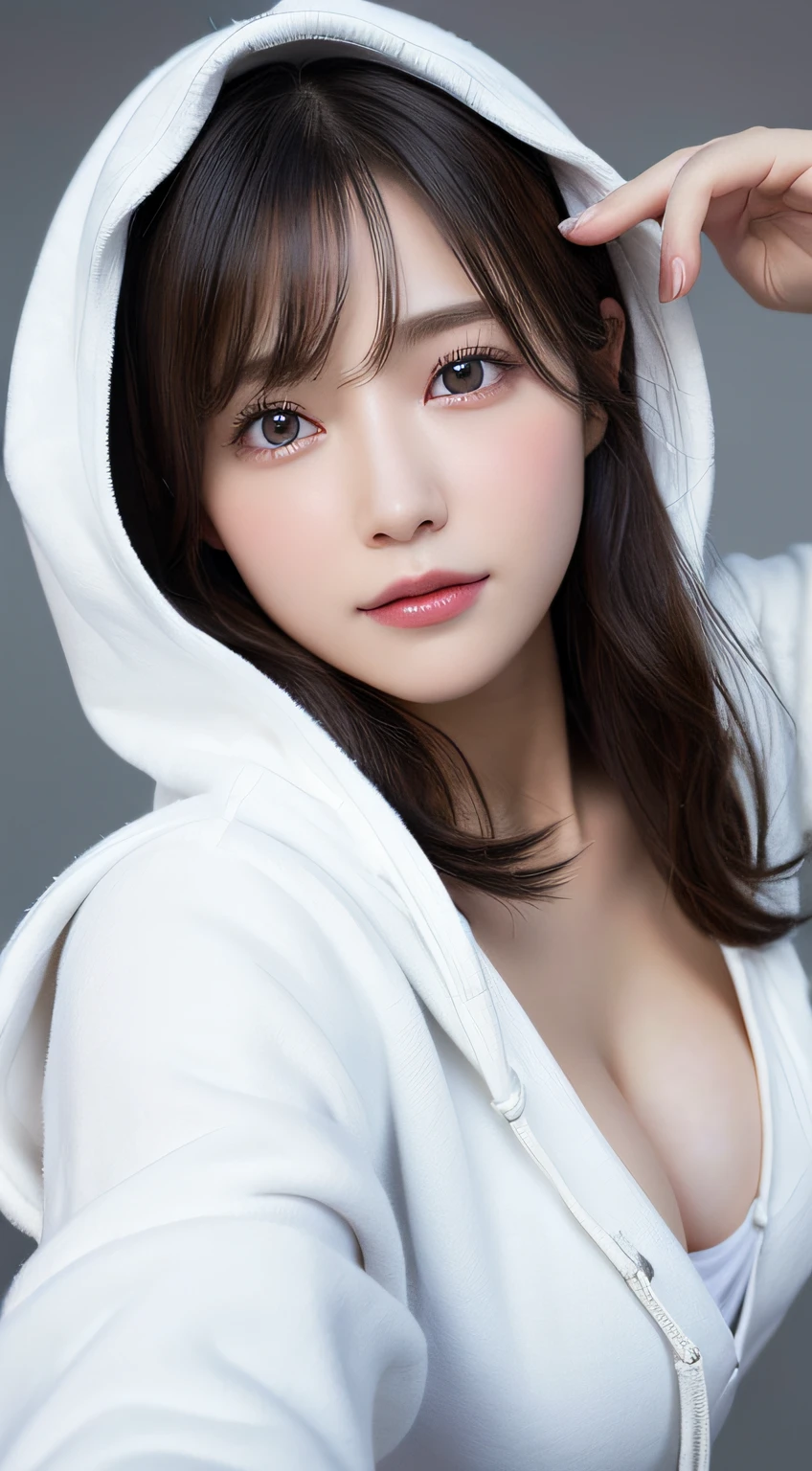 Innocent 20 year old girl、((White hoodie with open chest,Wearing a hood,Dramatic poses)),Smile,short-cut,park background,Raw photo, (8K、top-quality、masterpiece:1.2)、(intricate detailes:1.4)、(Photorealsitic:1.4)、octane renderings、Complex 3D rendering ultra detail, Studio Soft Light, Rim Lights, vibrant detail, super detailing, realistic skin textures, Detail Face, Beautiful detail eyes, Very detailed CG Unity 16k wallpaper, make - up, (detailedbackground:1.2), shinny skin, Full body、From head to thigh、cleavage of the breast,((Sleep facing up、Angle looking down from above))