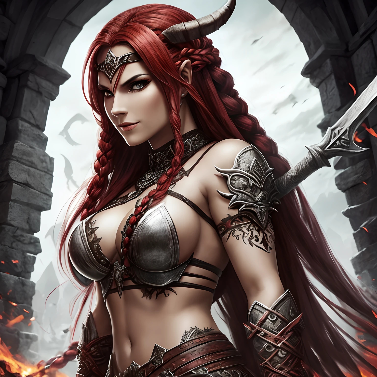 Berserker, barbarian woman, Arte de Fantasia, of his gaze alone enemies beginning to panic, one head, devilish smile, besta do inferno, demonio, White Fire Sky, guerreira, com foice e escudo, Linda, Mulheres, Werelion, Long red braided hair, olhos dourados brilhantes, realista, altamente detalhados, Motor irreal, 8k de luxo