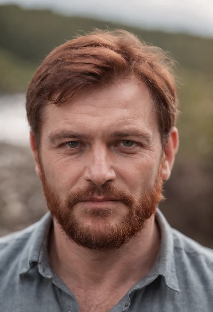 A middle aged, stern Germanic-Irish man with a round body, rugged looks with dark red hair. Hulking but with friendly eyes. Medium length, scruffy beard and shoulder length hair. Chubby