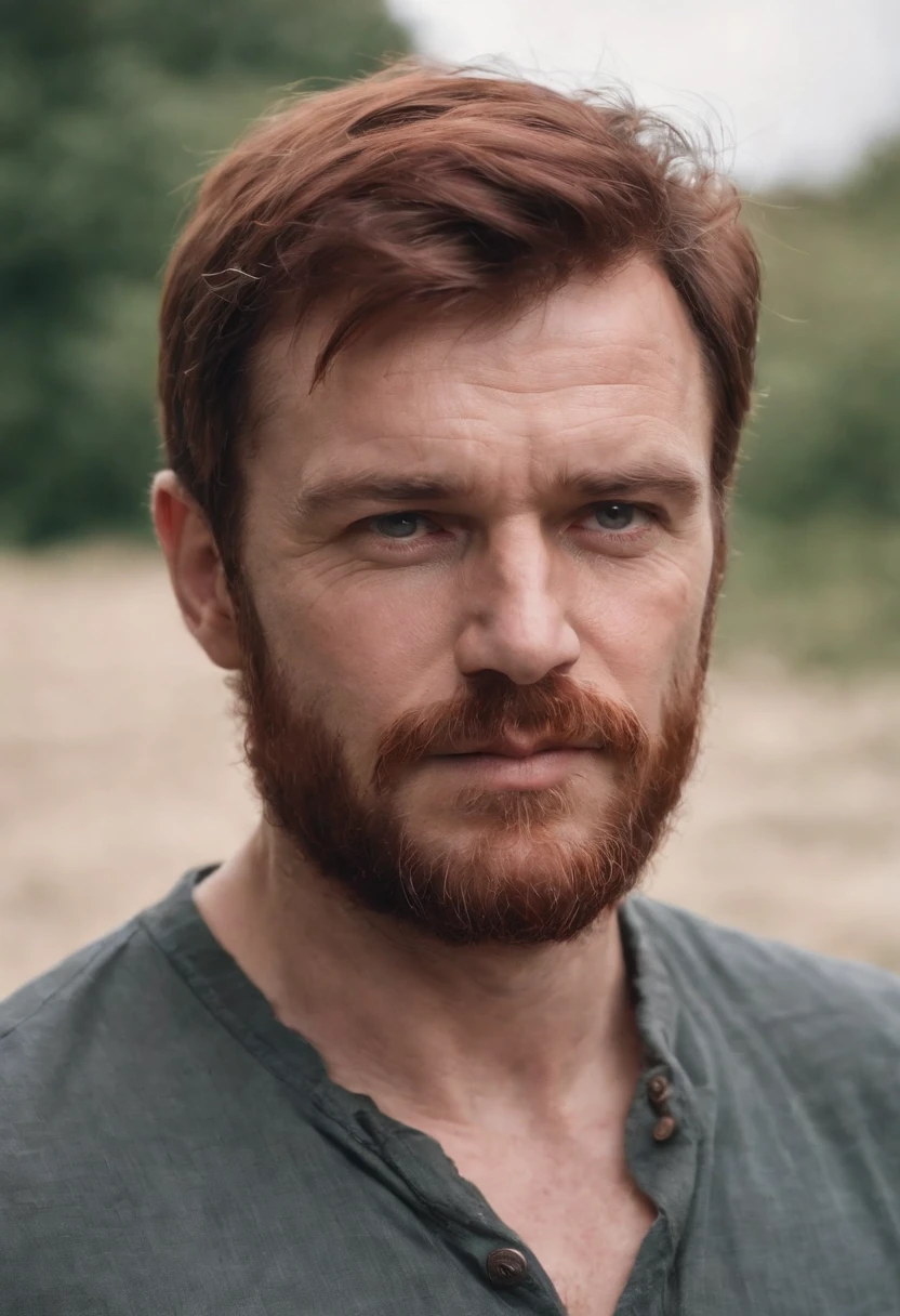 A middle aged, stern Germanic-Irish man with a round body, rugged looks with dark red hair. Hulking but with friendly eyes. Medium length, scruffy beard and shoulder length hair.  Chubby