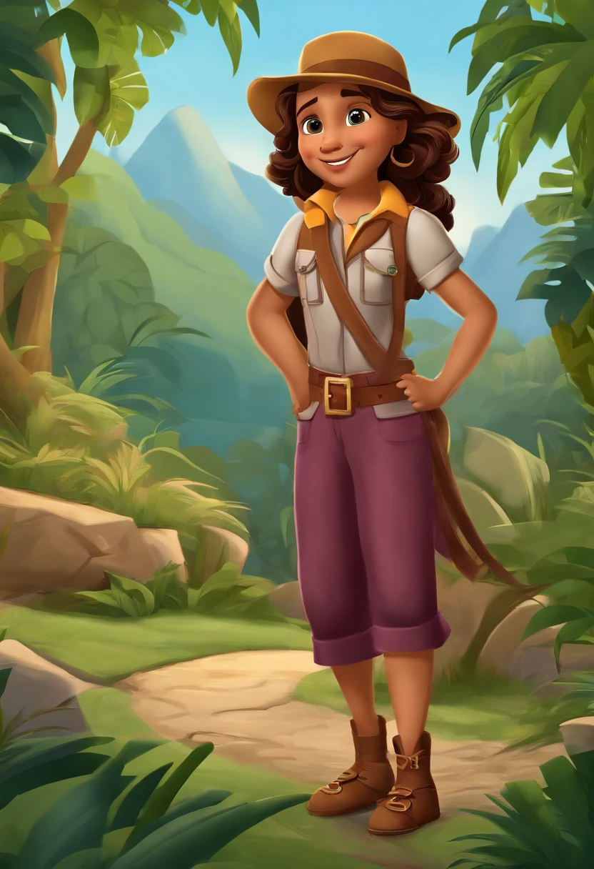 I need a 6-year-old girl, con el estilo de Leo The Explorer. It should be a long-haired girl, liso y de color oscuro. The file should be in the .svg. The background should be empty,