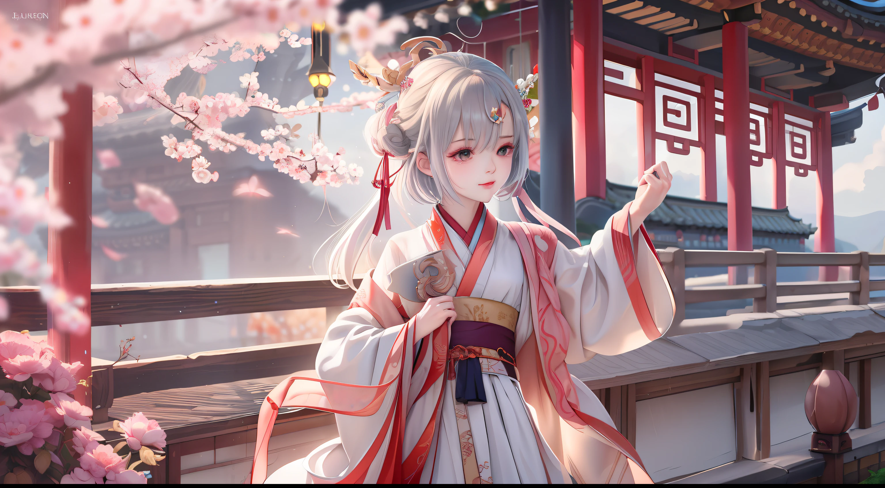 (masterpiece), best quality, good anatomy, shuimobysim, (1 girl: 1), (upper body), (smile), (short hair: 1.2), (hanfu), long coat, (ecchi0.5), (bridge: 1.2), (flowers: 0.6), moon, lantern in ancient China, delicate face, see-through, pink clothes, full body, close-up, back hand, Taoist robe, Thighs, raised high, cloudy, chinadre, overexposed, [wet suit: 1.2], mid-chest, solo, [doll], bare thighs, credibly_absurdres, strong angles, pleated skirt, chinoiserie architecture, single bun, white hair, red eyes, squinted eyes, indifferent attitude, eye shadow, eyeliner, no shoes, ribbon sleeves, earrings, necklace, headdress, mid-chest, sunlight, reflected light, ray tracing, loli, phoenix crown vermilion robe, blush