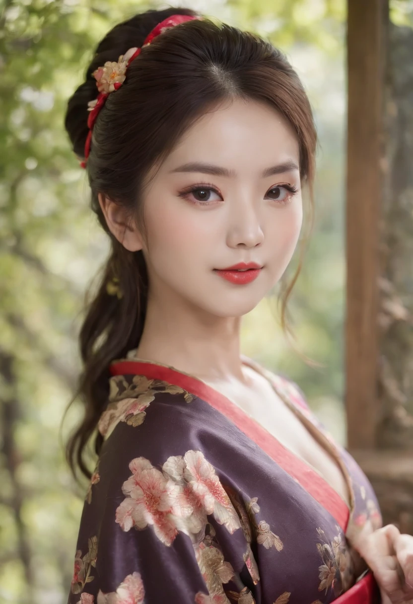 8k super-resolution、Beautuful Women、One lady、dark brown hair:1.1、hyperdetailed face、Detailed lips、significant、(Eyes are in focus)、二重まぶた、Eyes of the Princess、 beautfull Japanease woman、Beautiful Japan Lady、 sensual lip、Bewitching body、Bust Size 82、8 class large、Stand forward in a balanced manner、80 generations、(80years old)、Perspective、Lovely smile, Detailed Japan kimono in black-red-yellow-purple、Ultra-realistic and detailed floral pattern and shiny knots、Sharp Images、Detailed eye shine、Detailed background of Arashiyama Park in Kyoto、Natural hand shape、The chest is visible